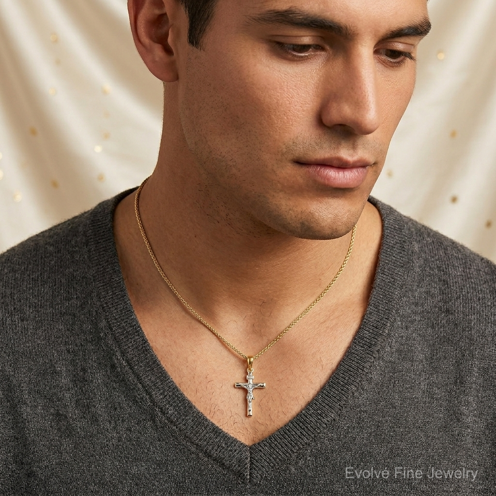 14K Two-tone Polished Crucifix Charm - Model Shot