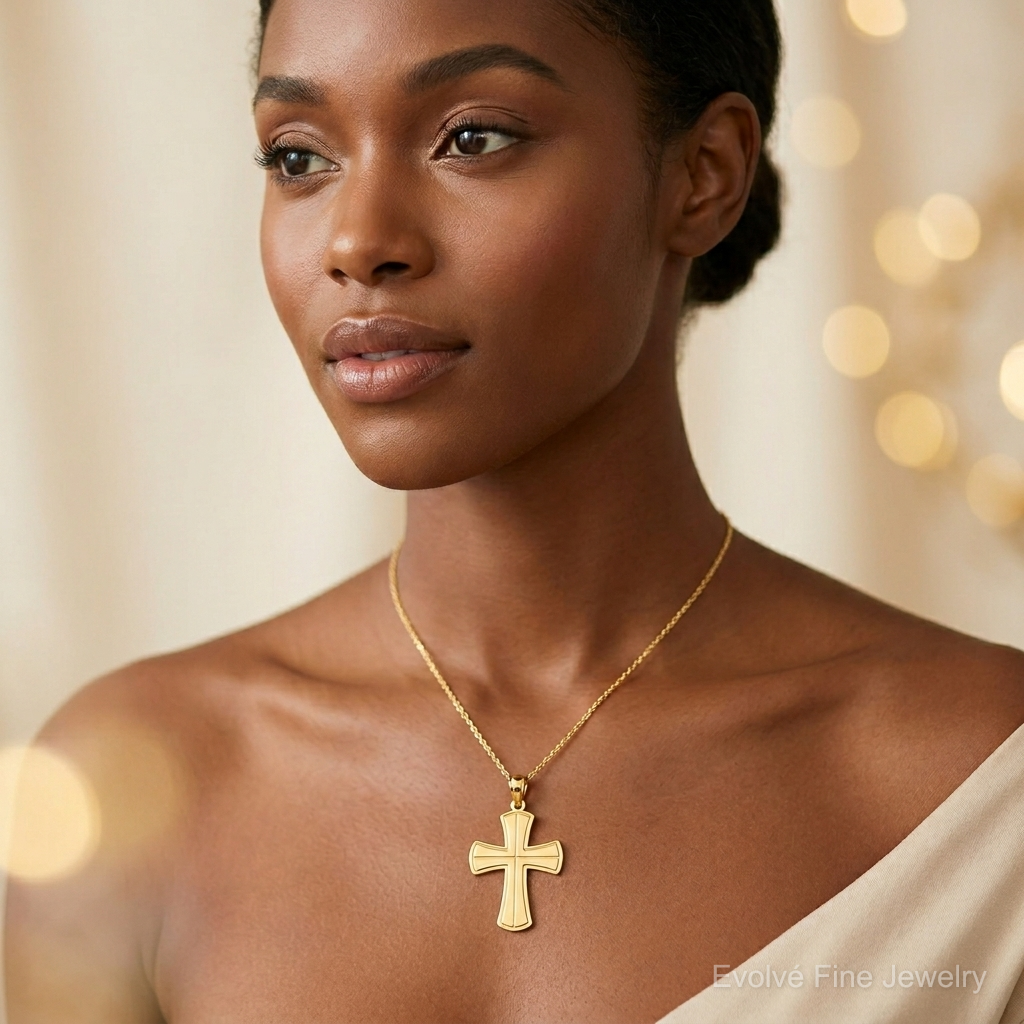 14K Polished Cross Pendant - Model Shot
