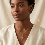 14K Polished Flower Design Cross Pendant - Model Shot