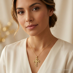 14K Polished Beaded Cross Pendant - Model Shot