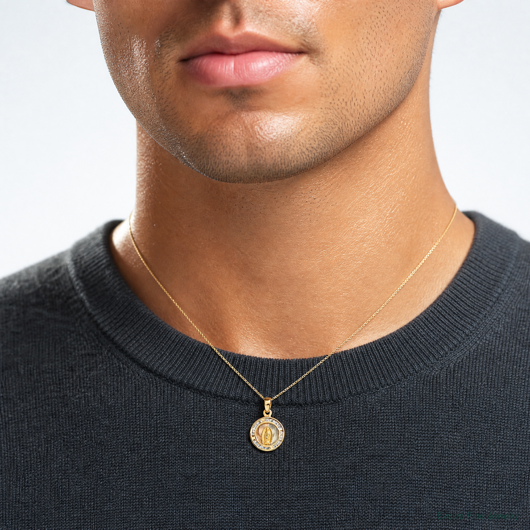 14K Rose and White Rhodium Polished CZ Mary Round Pendant - Model Shot