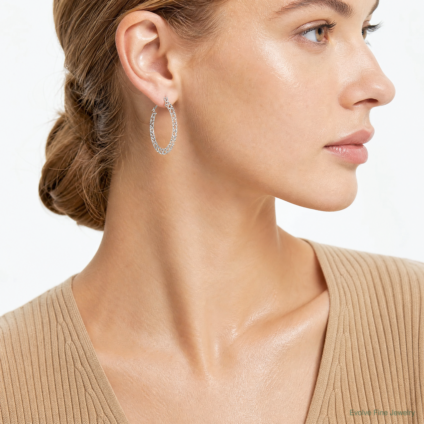 Leslie's 14K White Gold Polished D/C Hollow Hoop Earrings - Model Shot