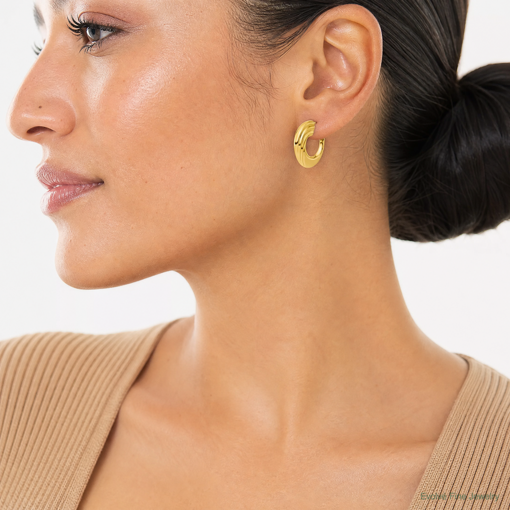 Leslie's 14K Polished and Grooved J-Hoop Post Earrings - Model Shot