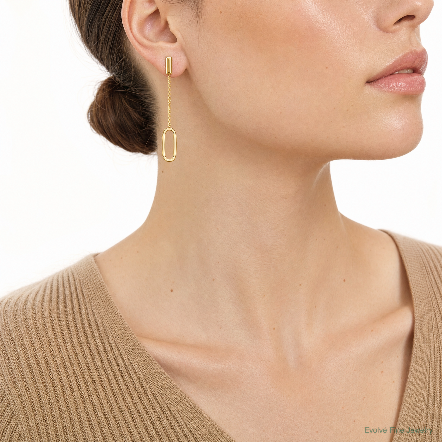 Leslie's 14K Polished Elongated Oval and Bar Post Dangle Earrings - Model Shot