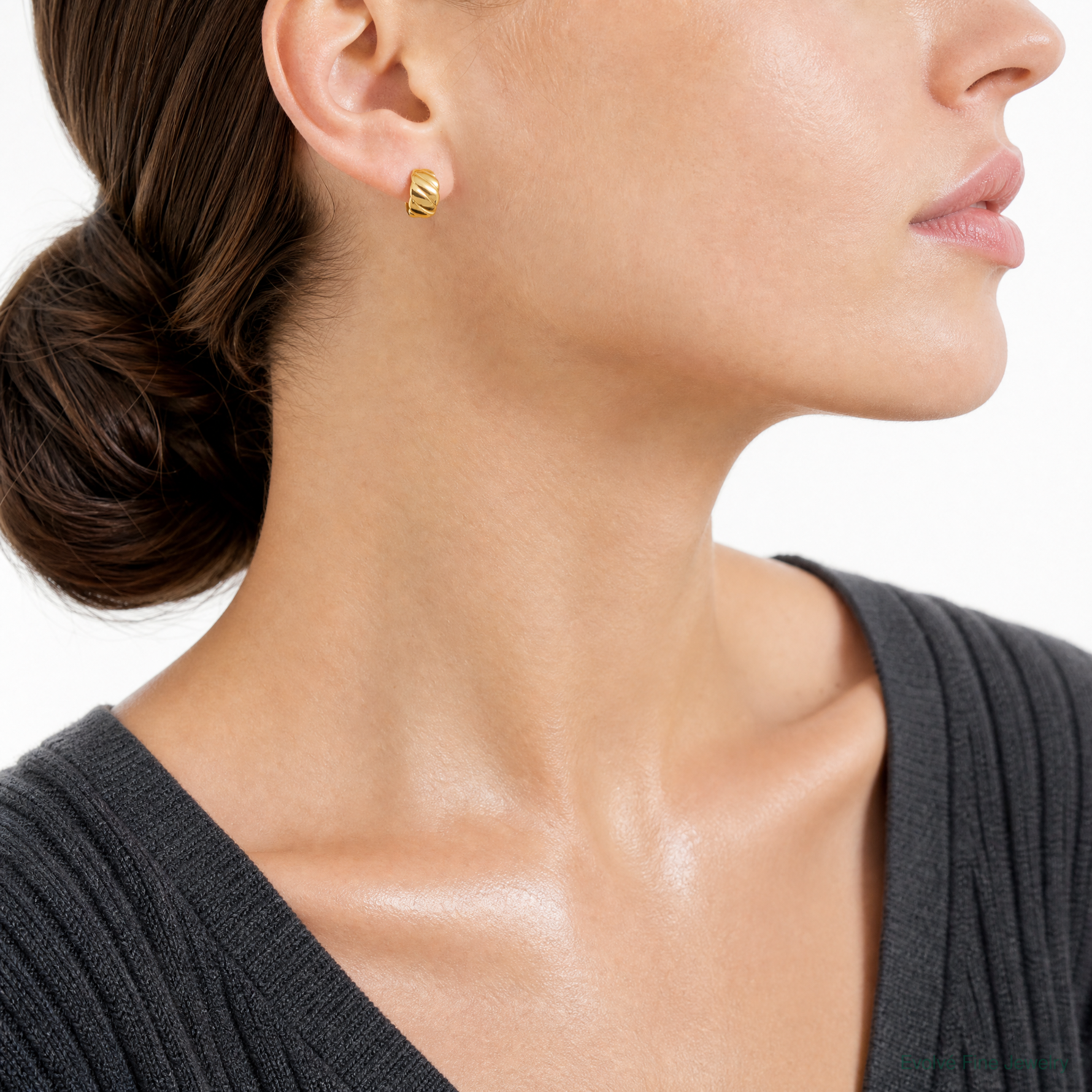 Leslie's 14K Polished and Grooved J-Hoop Post Earrings - Model Shot