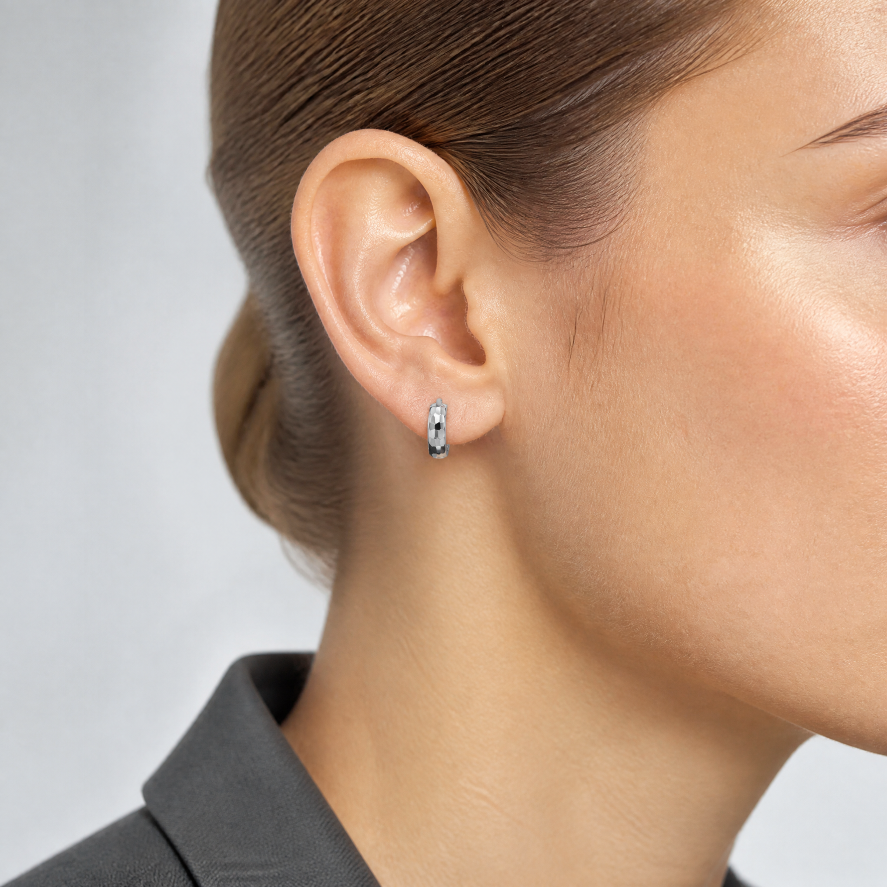 Leslie's 14K White Gold Polished and D/C Huggie Hoop Earrings - Model Shot