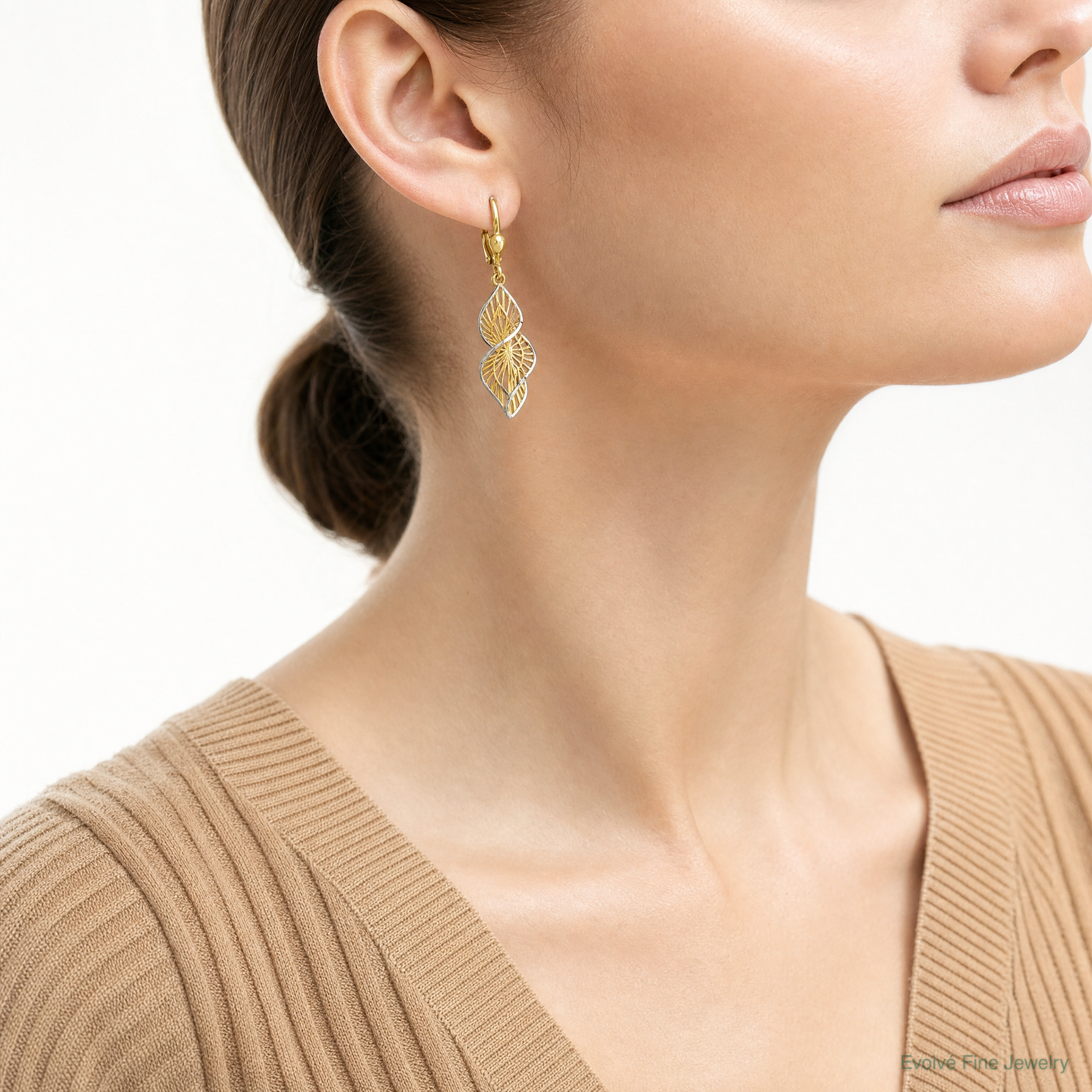 Leslie's 14K w/White Rhodium Textured and D/C Leverback Earrings - Model Shot