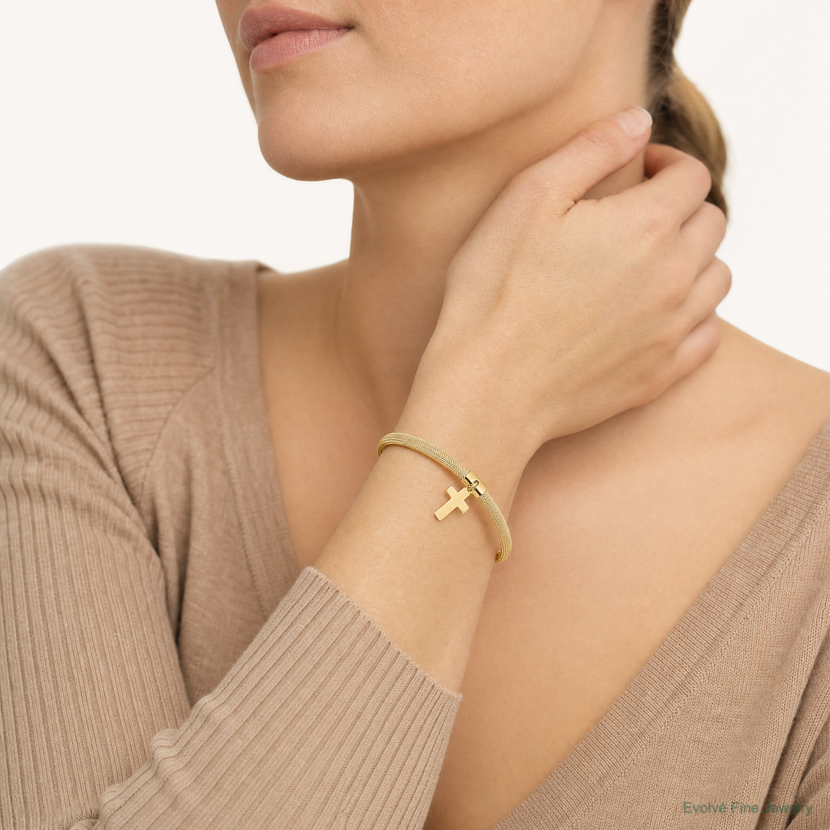 Leslie's 14K Polished Cross Charm Stretch Bangle - Model Shot