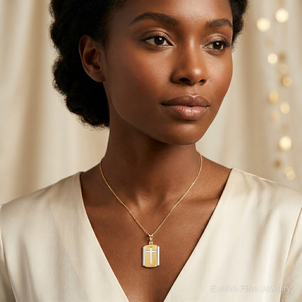 Leslie's 14K Two-tone Brushed Cross Dog Tag Pendant - Model Shot