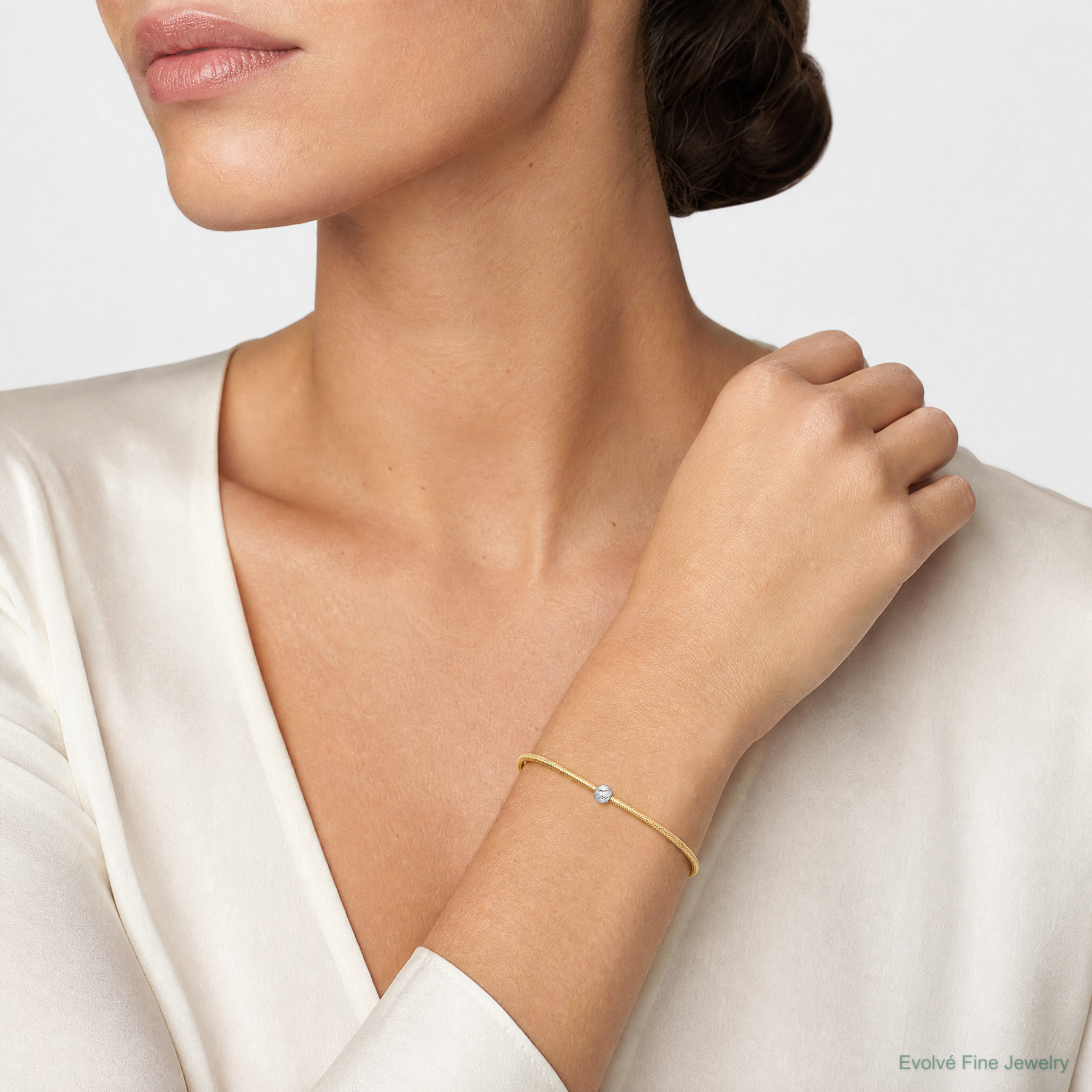 Leslie's 14K with Rhodium Polished with Diamond-cut Bead Stretch Bracelet - Model Shot