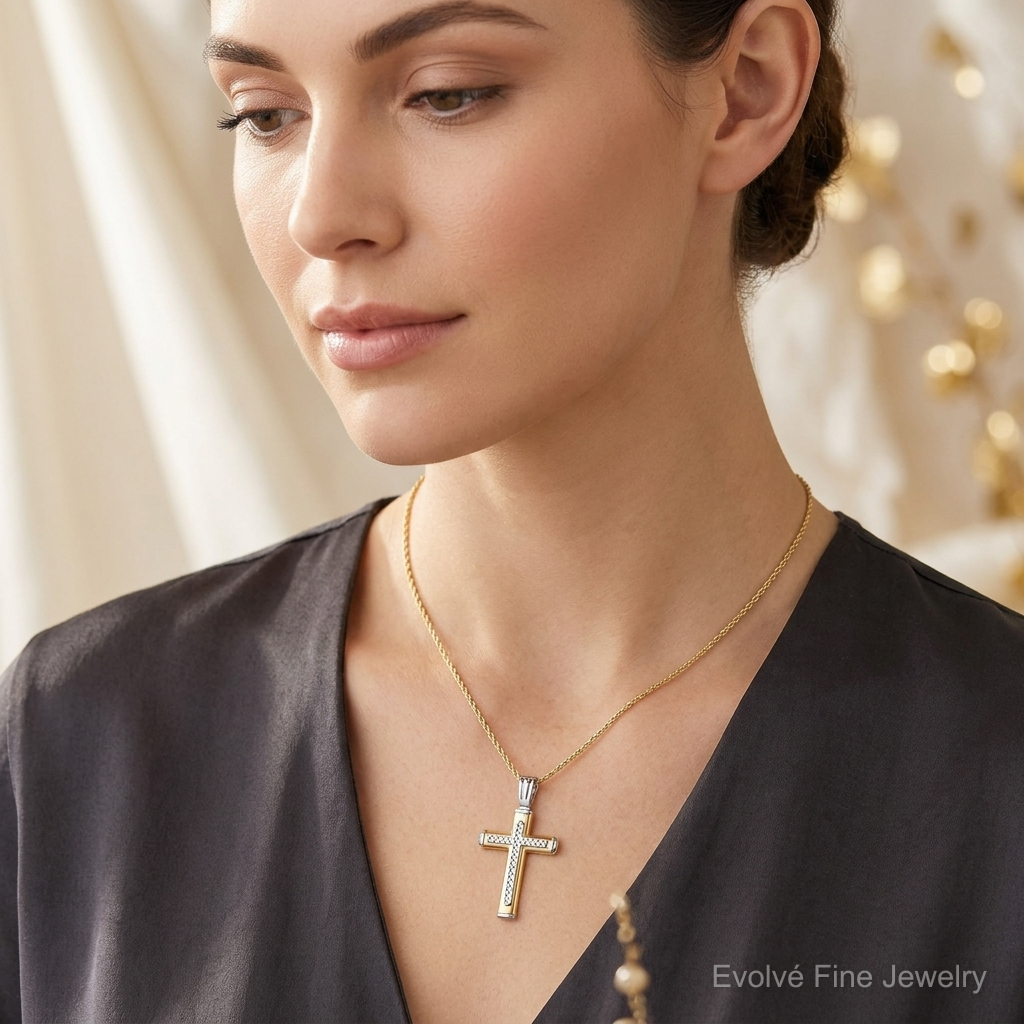 Leslie's 14K Two-tone Polished and Diamond-cut Cross Pendant - Model Shot