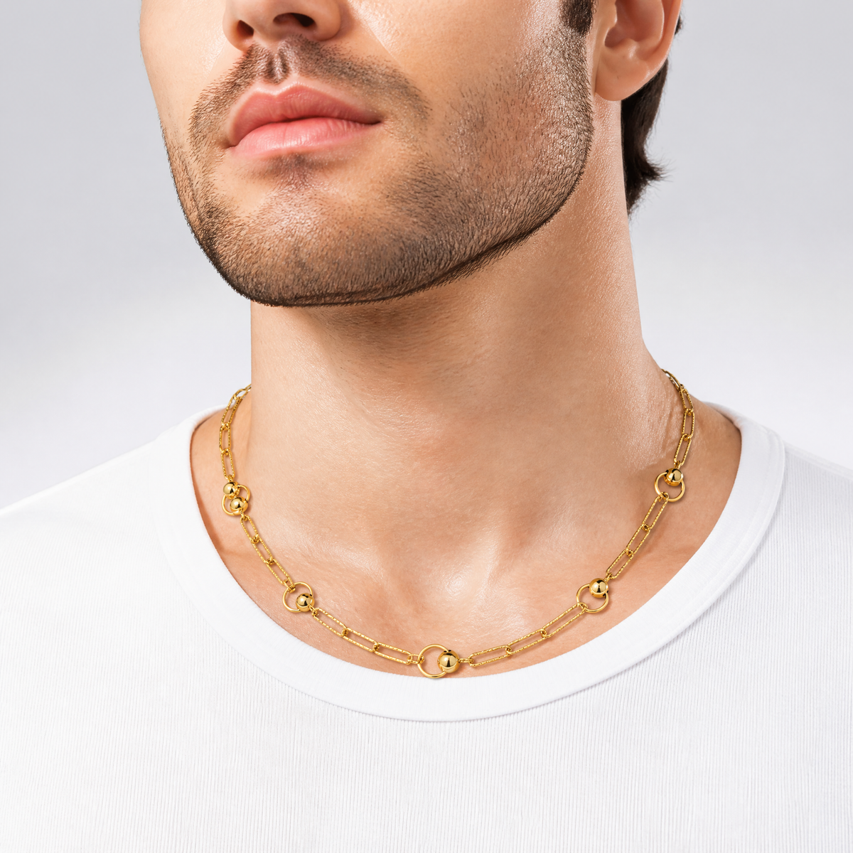 Leslie's 14K Polished and Dia-cut. Circle Station Paperclip Necklace - Model Shot