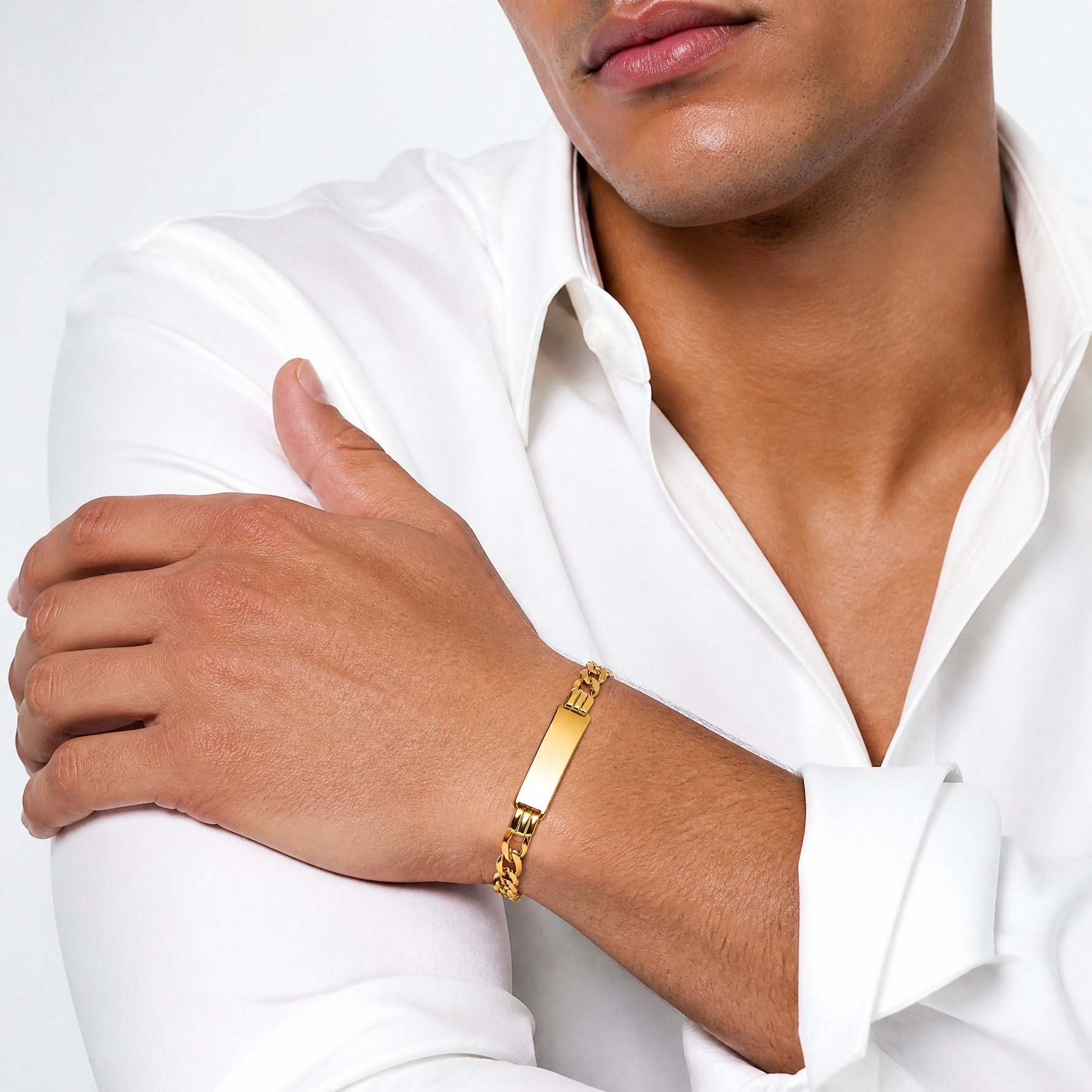 14k Flat Figaro Link ID Bracelet - Model Shot