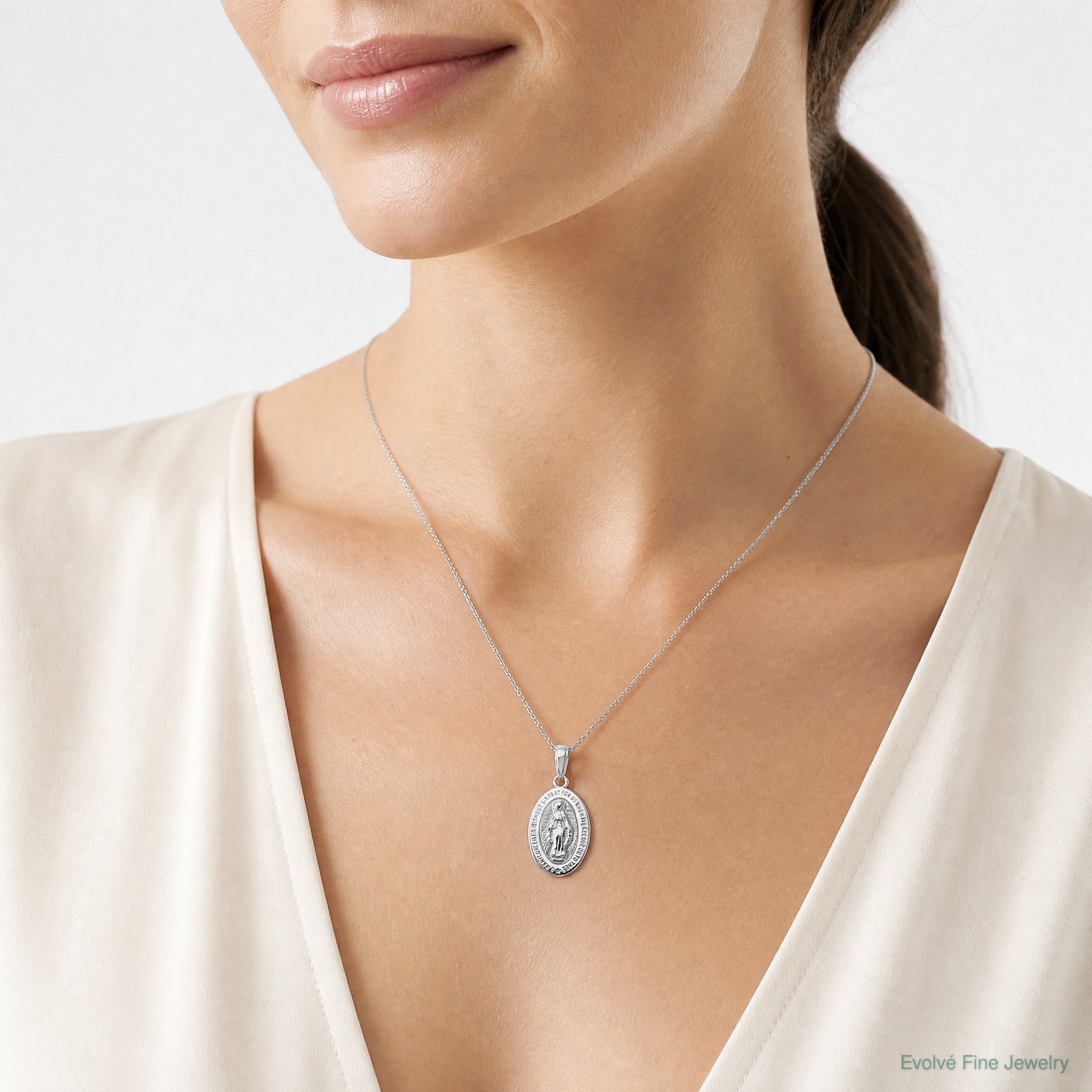 14k White Gold Miraculous Medal Pendant - Model Shot