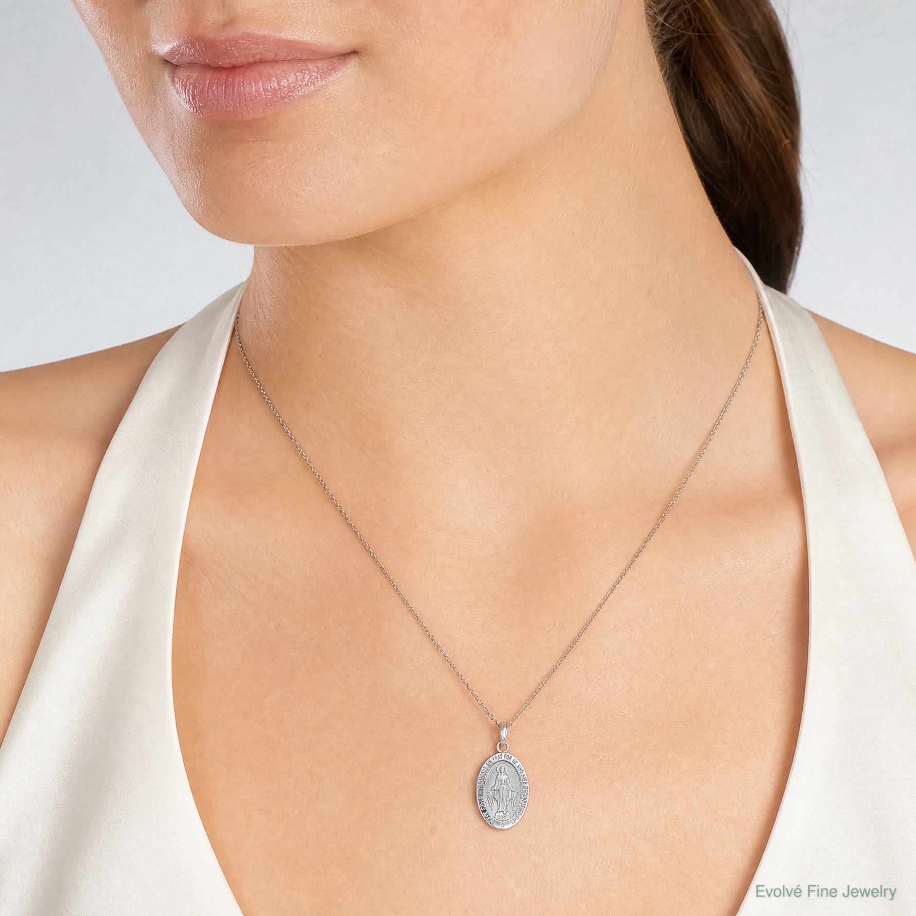 14k White Gold Miraculous Medal Pendant - Model Shot