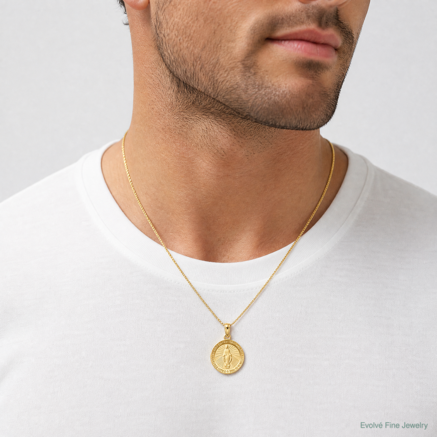 14k Miraculous Medal Pendant - Model Shot