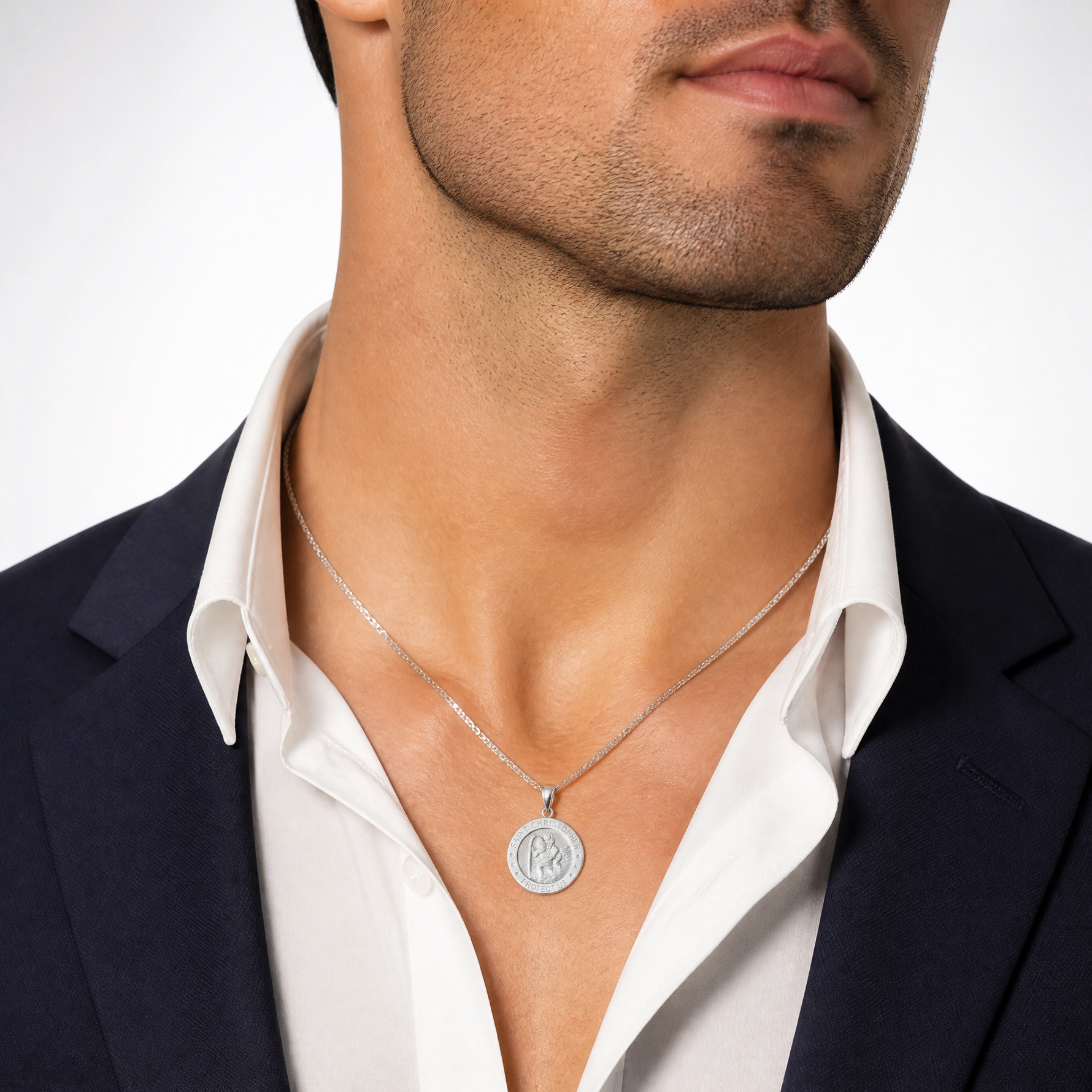 14K White Gold Polished / Satin Christopher Medal Charm - Model Shot