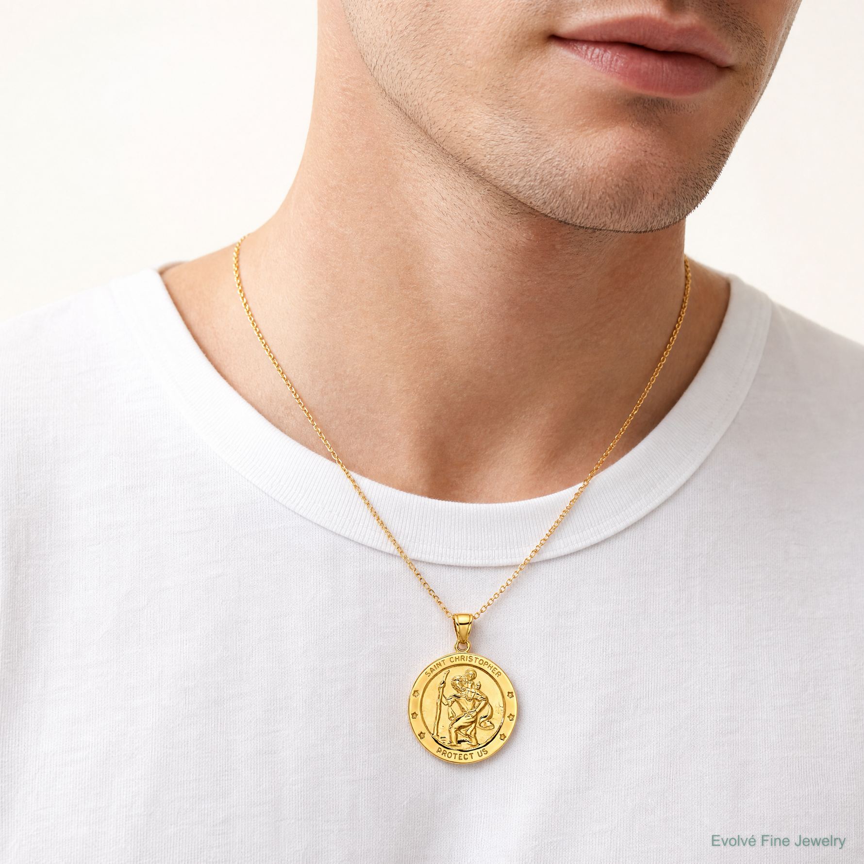 14k Saint Christopher Medal Pendant - Model Shot