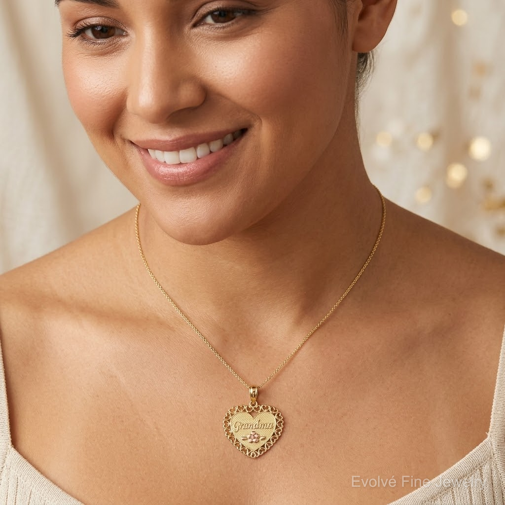 14k Two-Tone GRANDMA Heart w/Flower Charm - Model Shot