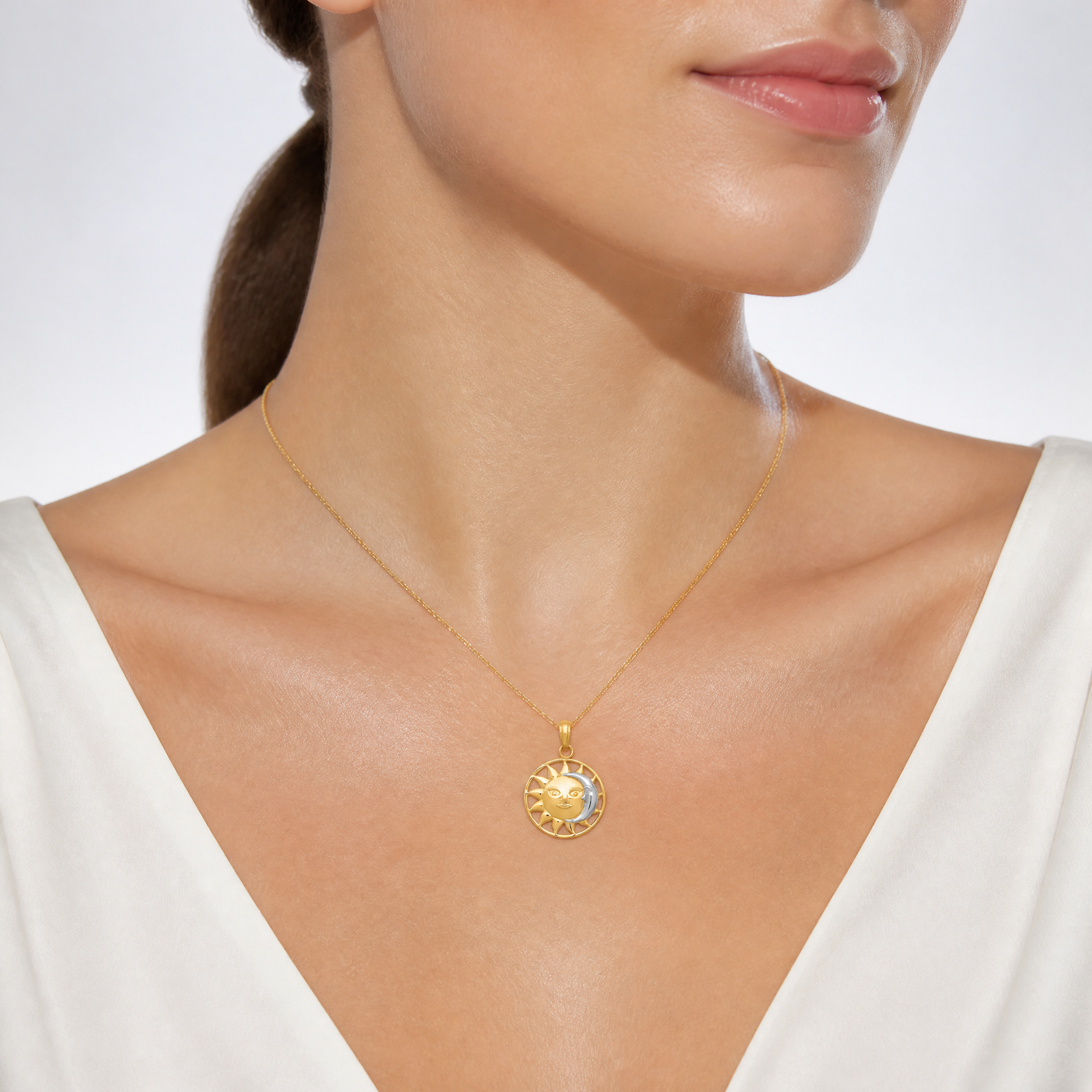 14k and Rhodium Sun and Moon Charm - Model Shot