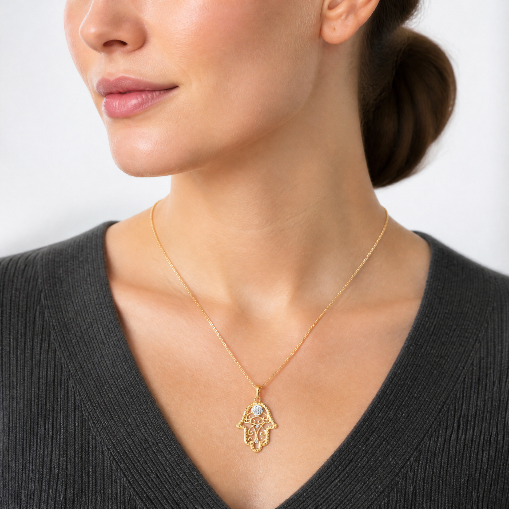 14k & White Rhodium D/C Evil Eye Filigree Hamsa Pendant - Model Shot