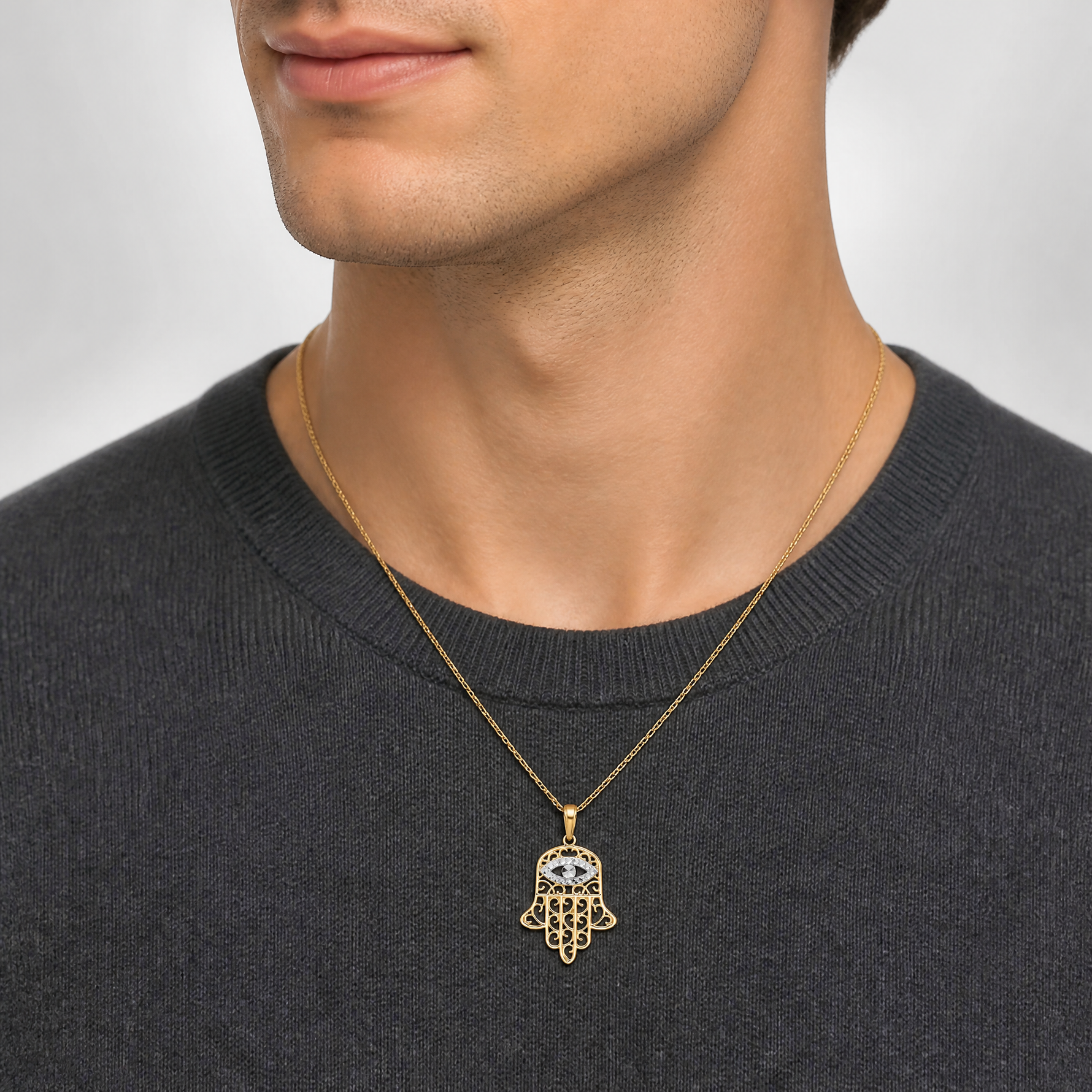 14k & White Rhodium D/C Filigree Evil Eye Hamsa Pendant - Model Shot