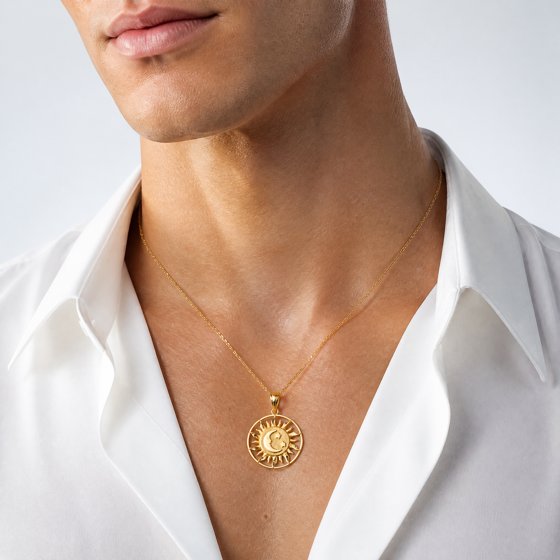 14k Diamond-cut Sun with Moon and Stars Charm - Model Shot