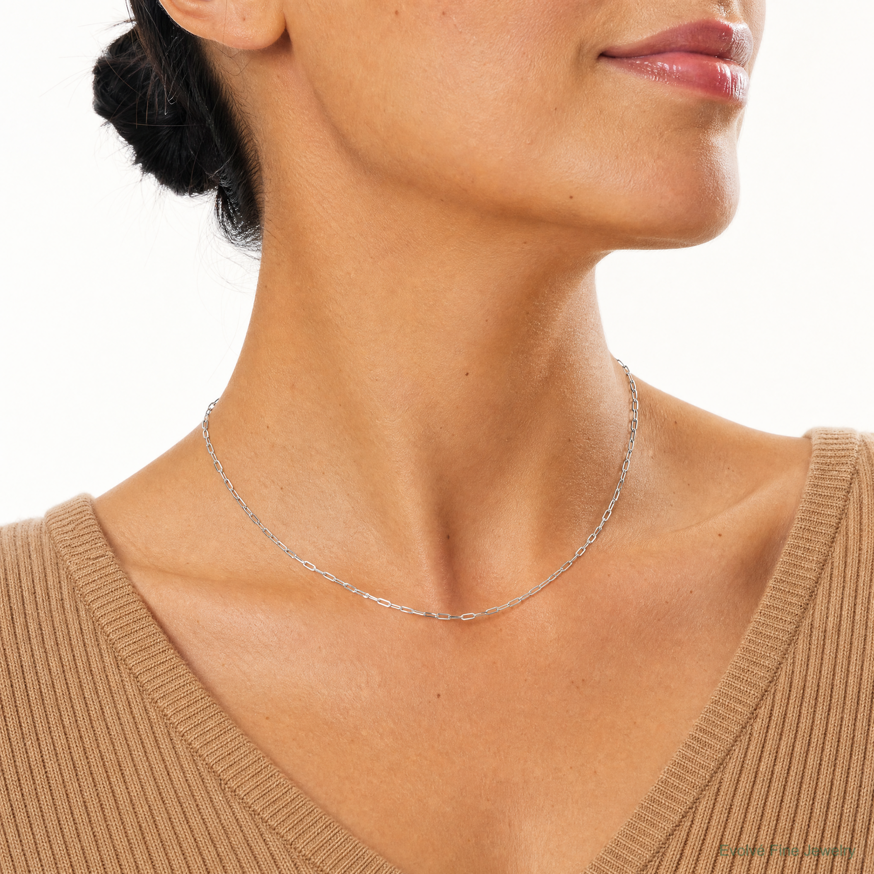 14k White Gold 2.1mm Solid Beveled Paperclip Chain - Model Shot