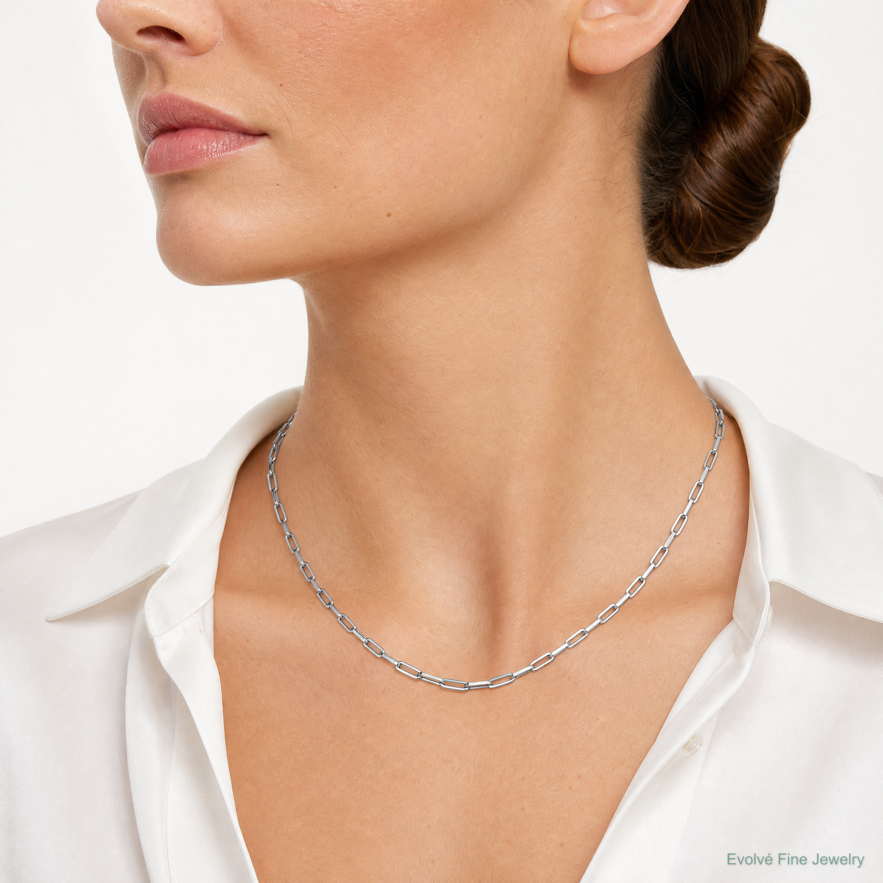 14k White Gold 3.5mm Solid Beveled Paperclip Chain - Model Shot