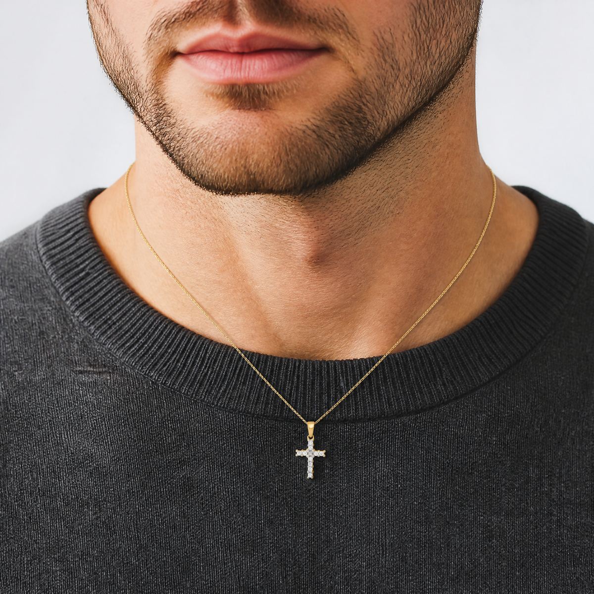 14k and Rhodium 1/10ct. Diamond Latin Cross Pendant - Model Shot