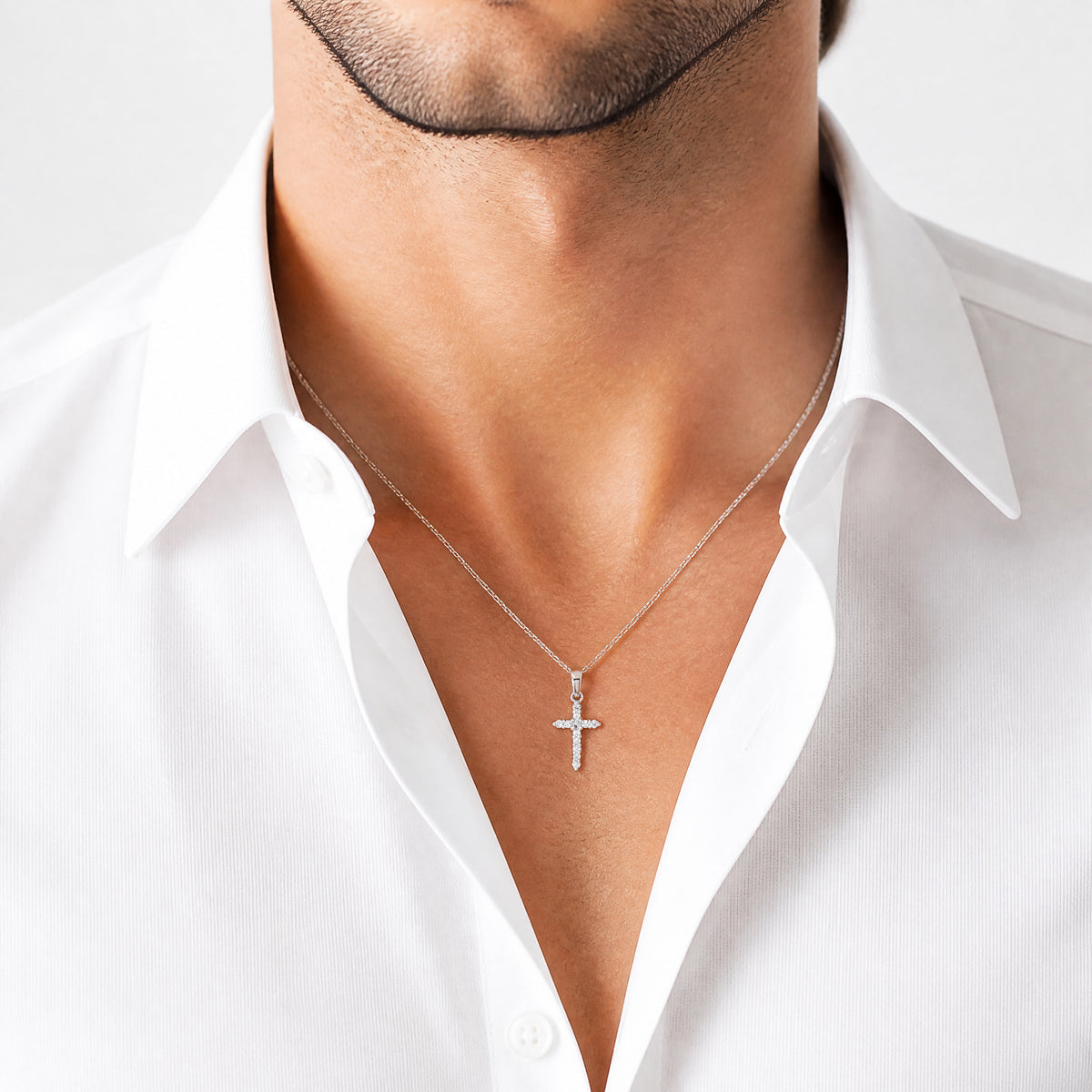 14k White Gold Polished Diamond Cross Pendant - Model Shot