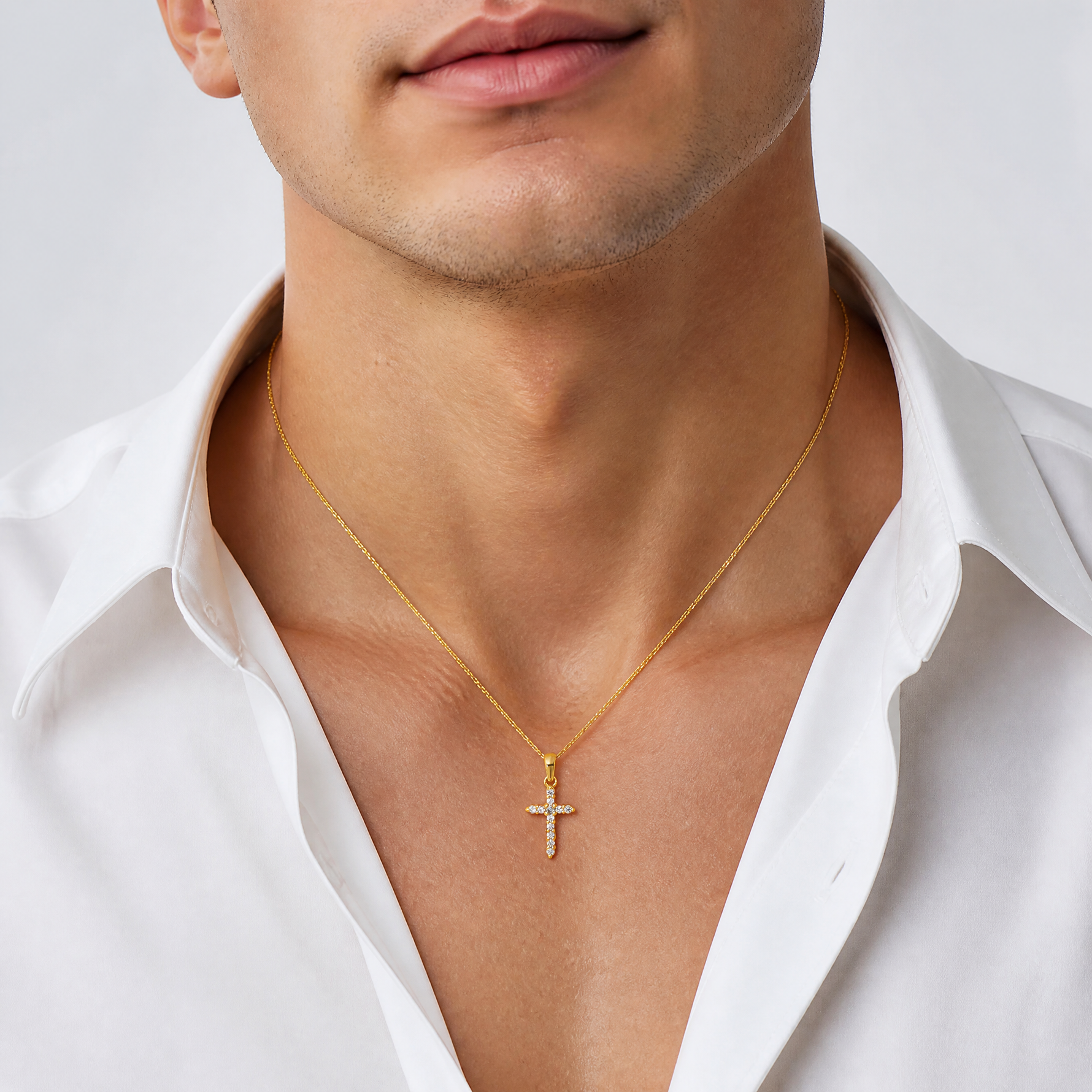 14k Yellow Gold Polished Diamond Cross Pendant - Model Shot