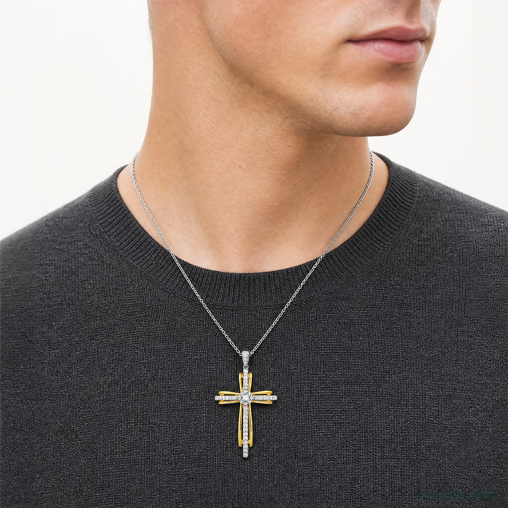 14k Two-tone 1/3ct. Diamond Passion Cross Pendant - Model Shot