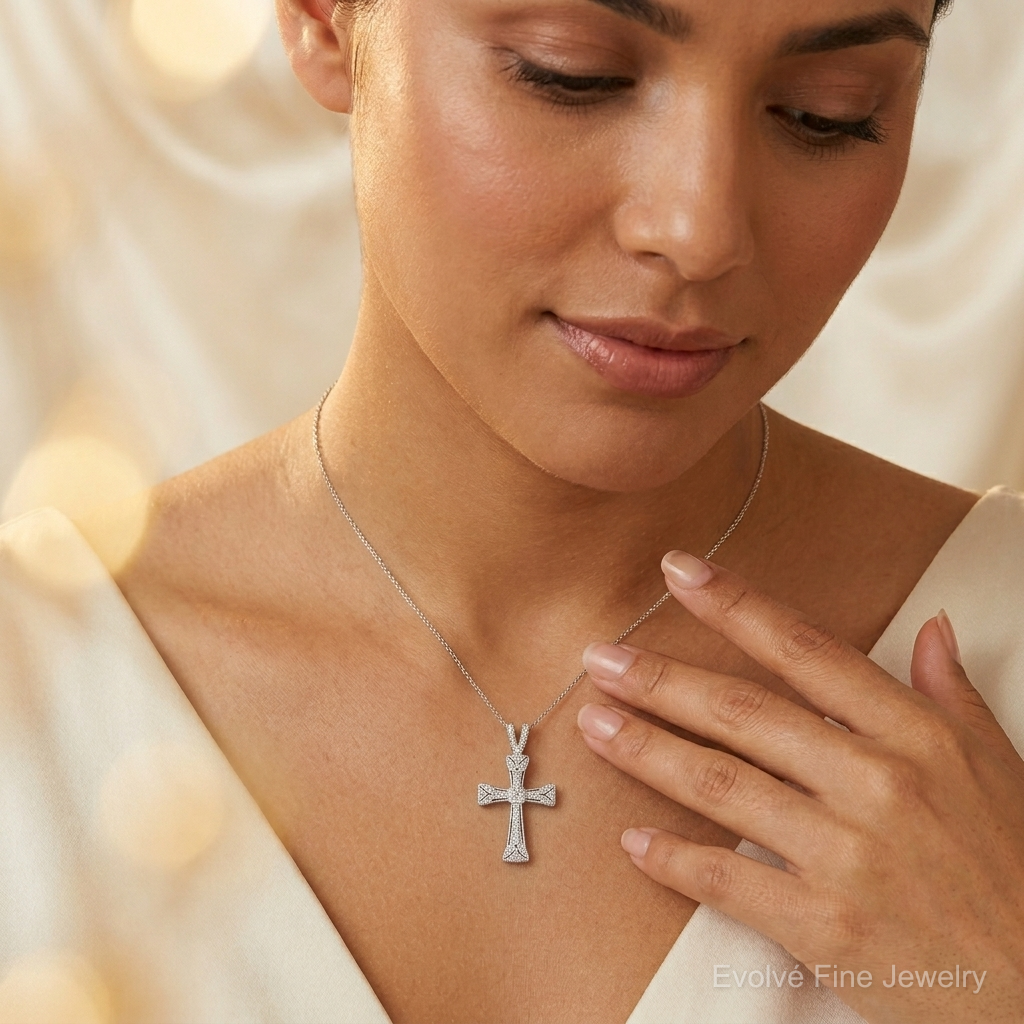 14k White Gold Diamond Filigree Cross Pendant - Model Shot