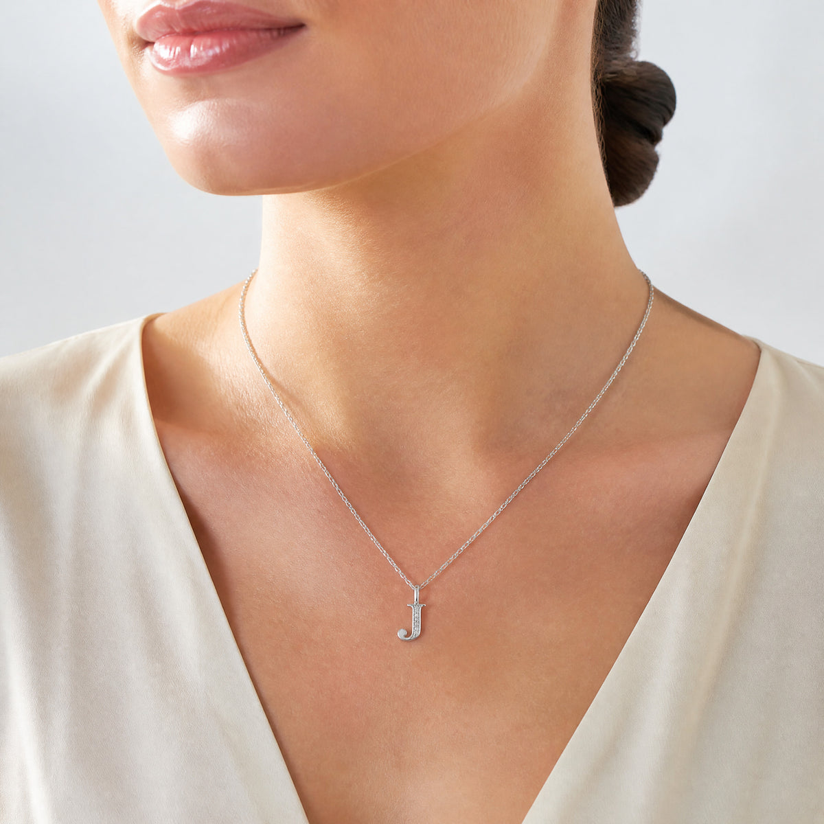 14K White Gold Diamond Letter J Initial Pendant - Model Shot