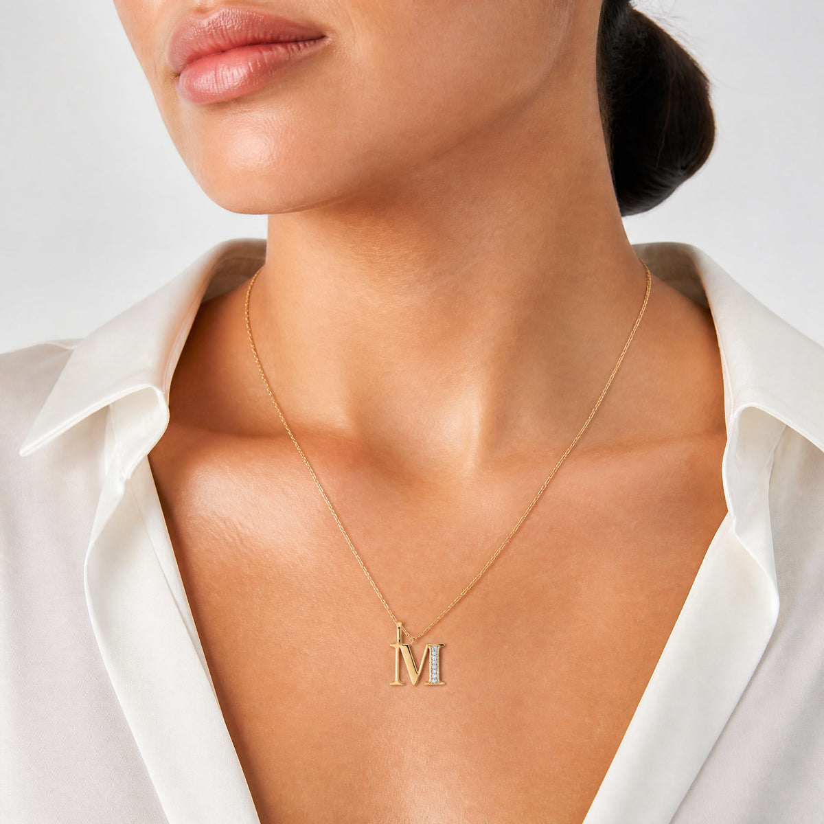 14k Diamond Letter M Initial Pendant - Model Shot
