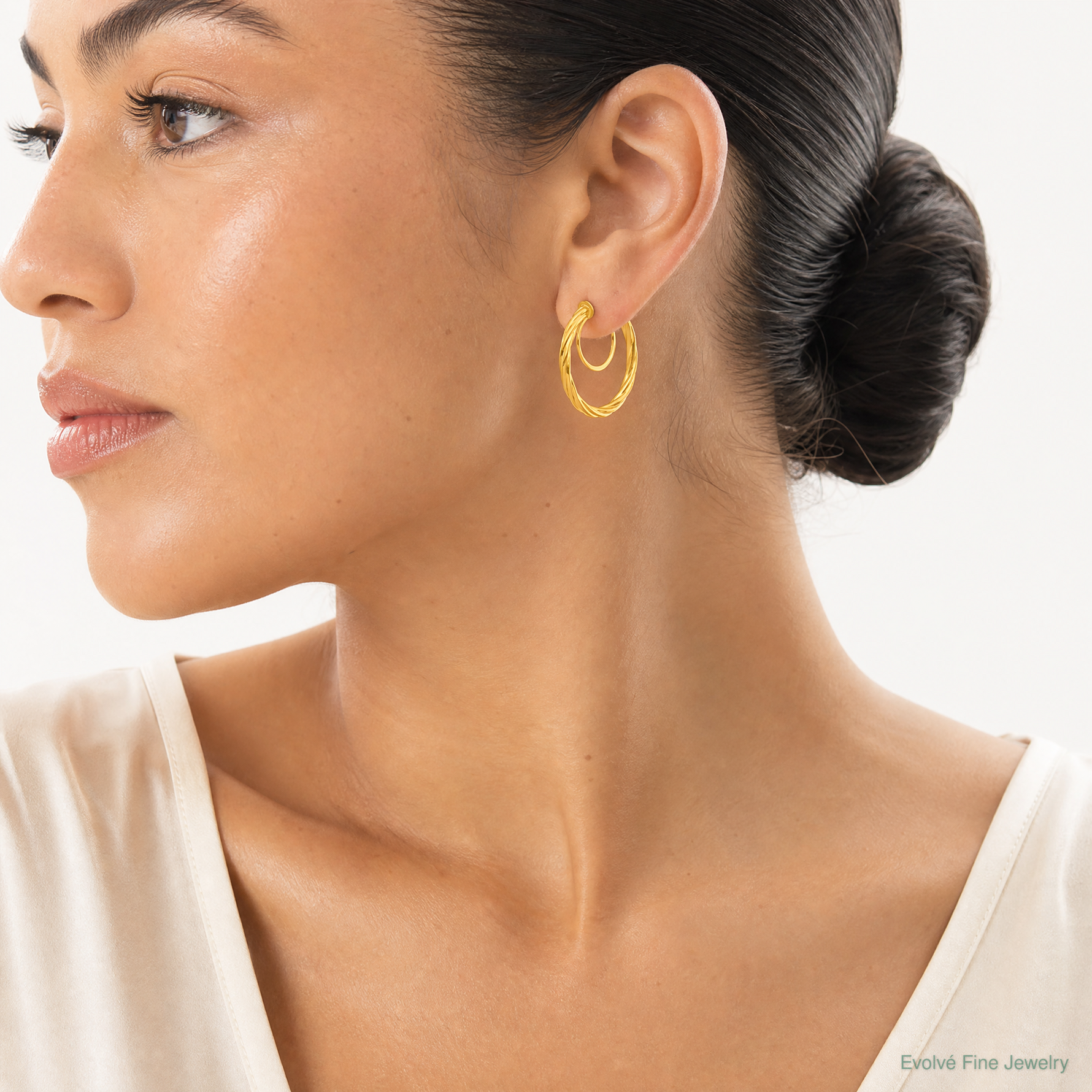 14K Twisted Non-pierced Hoop Earrings - Model Shot