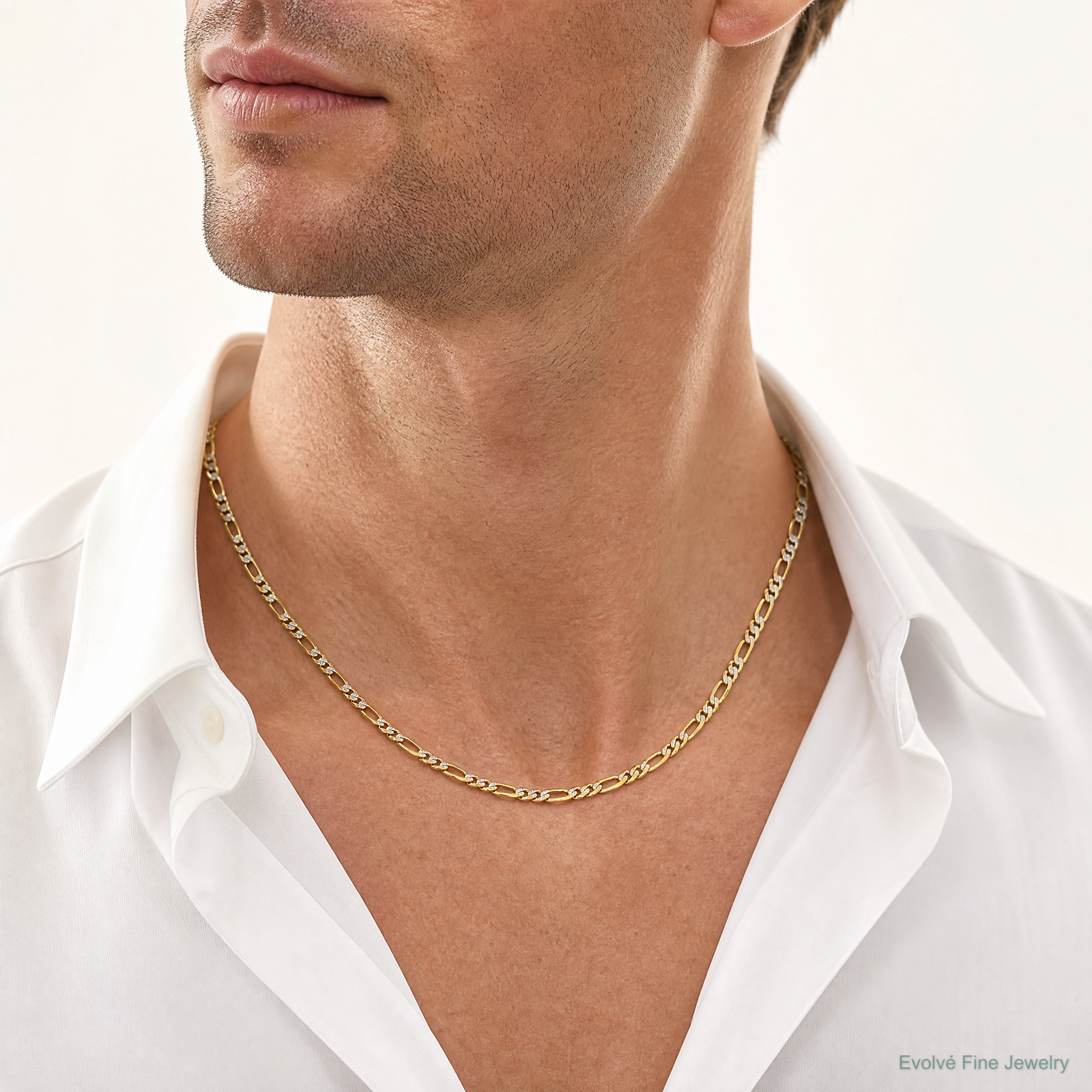 14k 3.2mm Semi-solid with Rhodium PavÃ© Figaro Chain - Model Shot