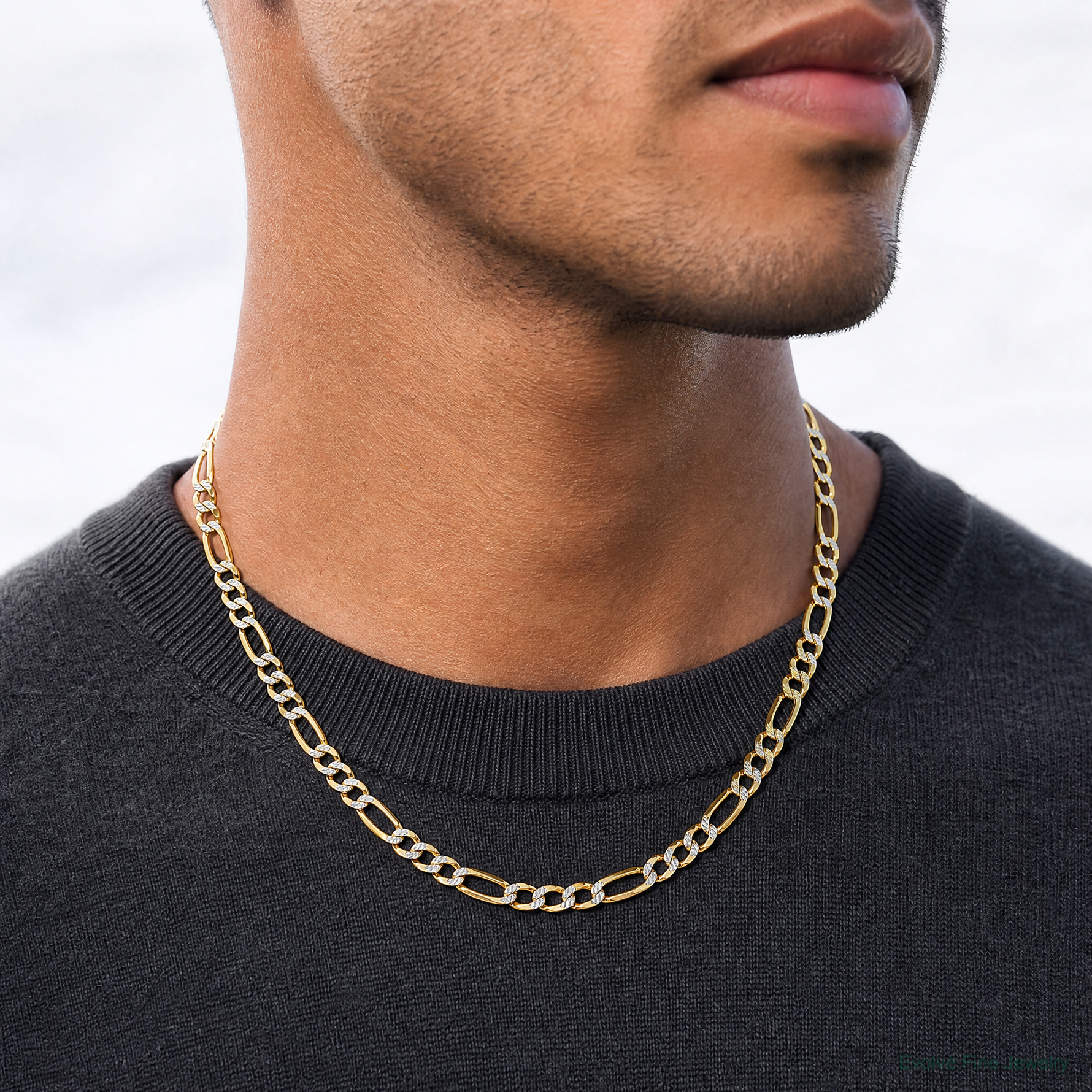 14k 5.25mm Semi-solid with Rhodium PavÃ© Figaro Chain - Model Shot