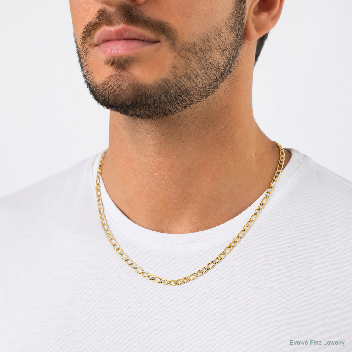 14k 6.5mm Semi-solid with Rhodium PavÃ© Figaro Chain - Model Shot