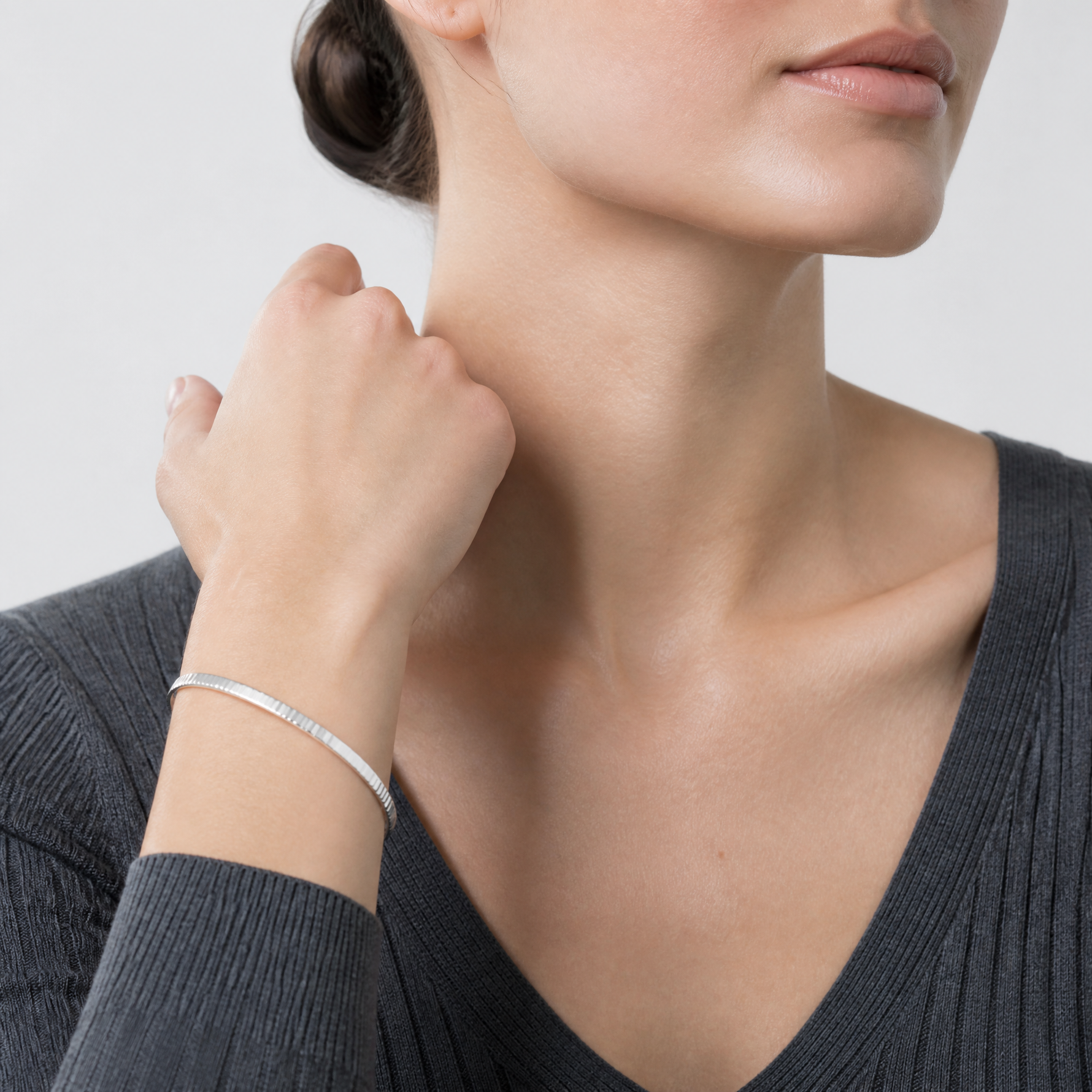 Sterling Silver Diamond Cut Slip-on Bangle - Model Shot