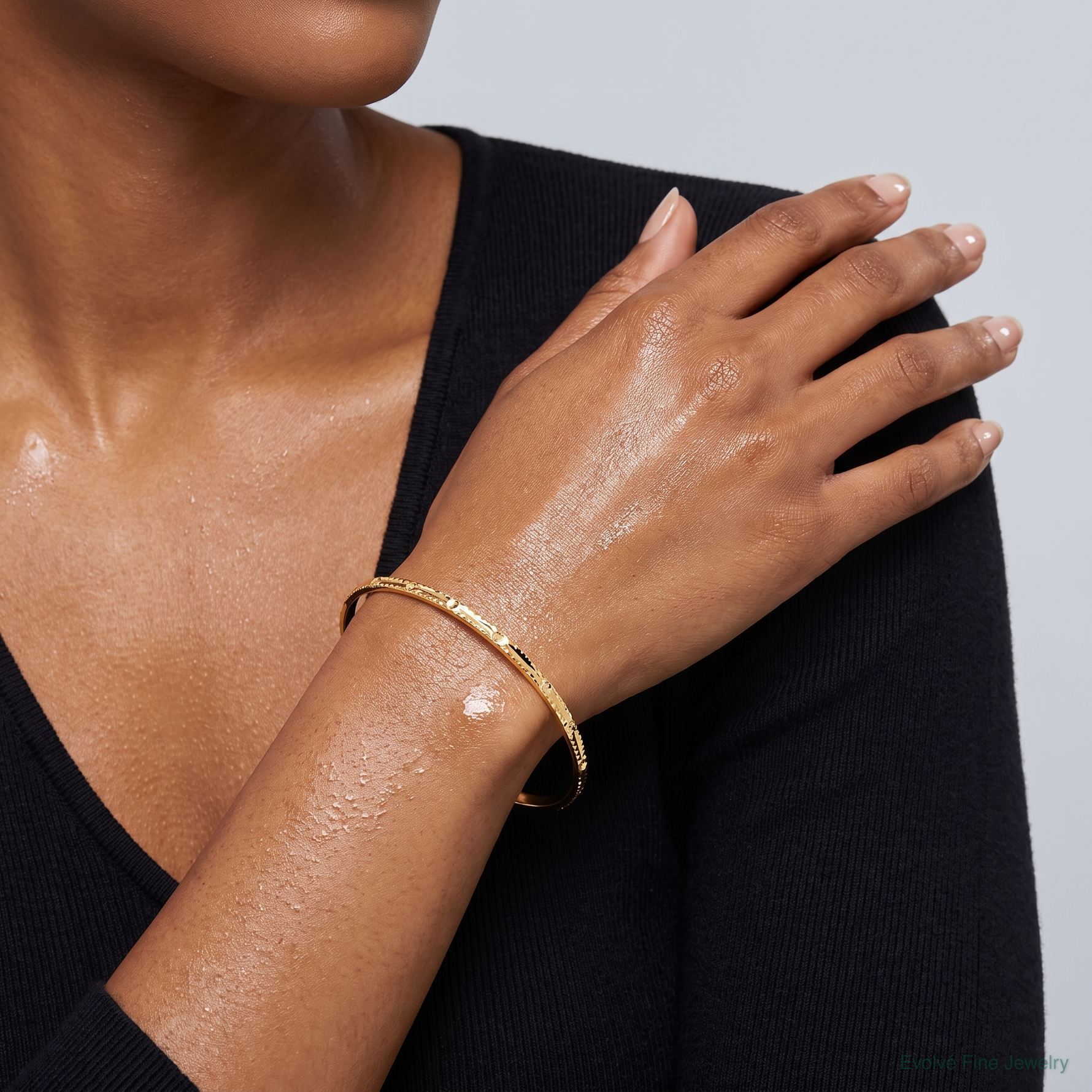 Sterling Silver Gold-tone Diamond Cut Slip-on Bangle - Model Shot