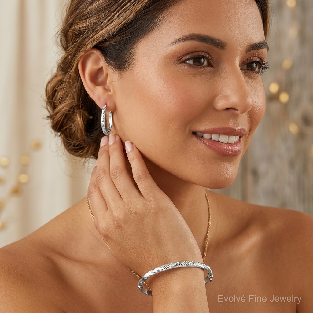 Sterling Silver D/C 4mm Bangle and 3mm Hoop Earring Set - Model Shot