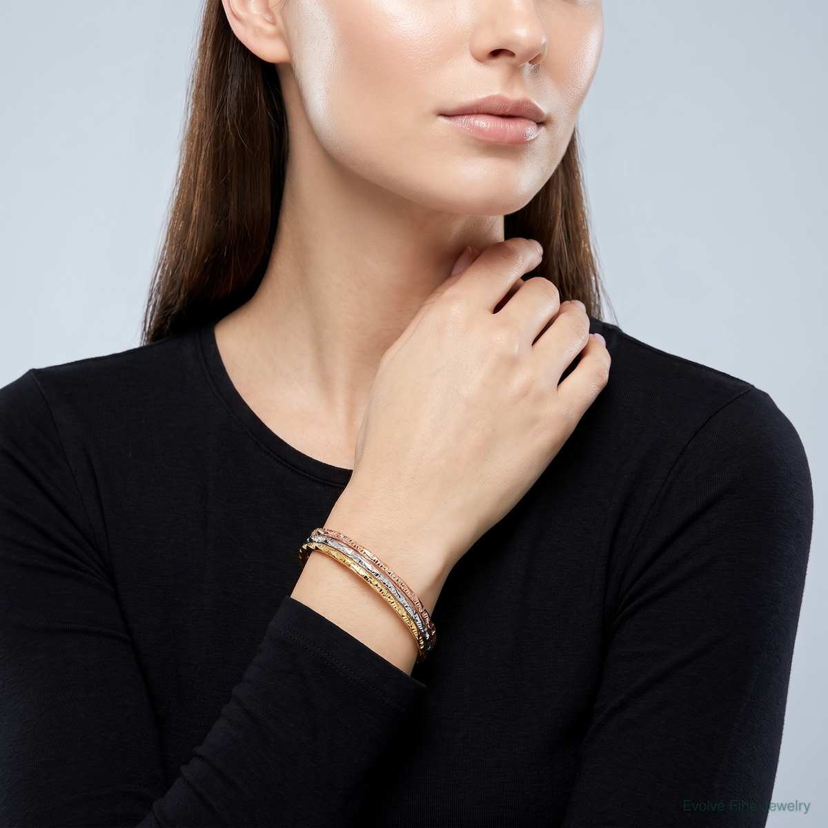 Sterling Silver Rhodium-plated Gold Rose-tone Diamond-cut Set of 3 Bangles - Model Shot