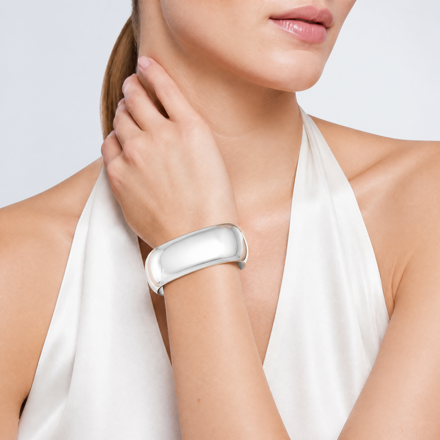 Sterling Silver Polished 20mm Domed Cuff Bangle - Model Shot