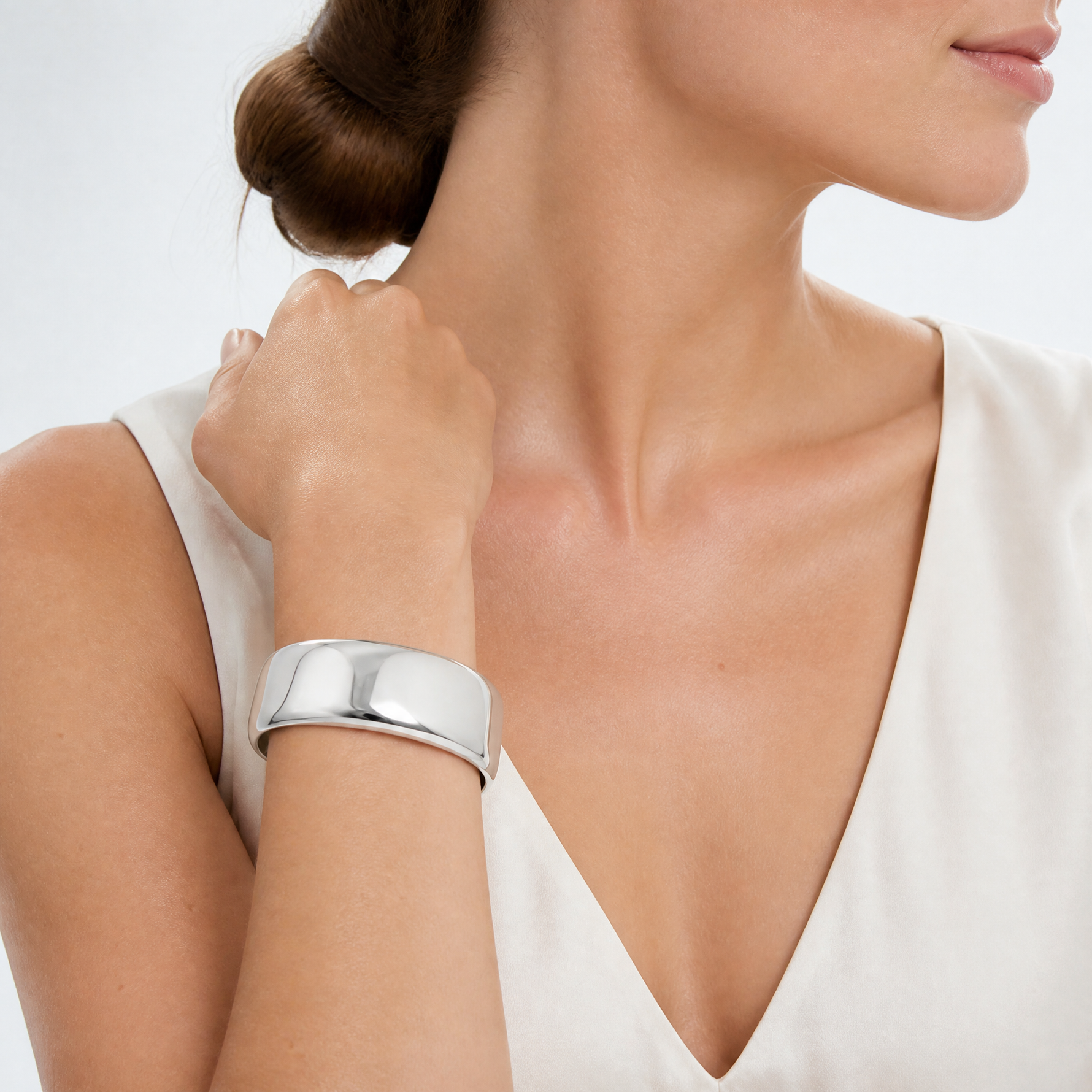 Sterling Silver Polished 25mm Domed Cuff Bangle - Model Shot