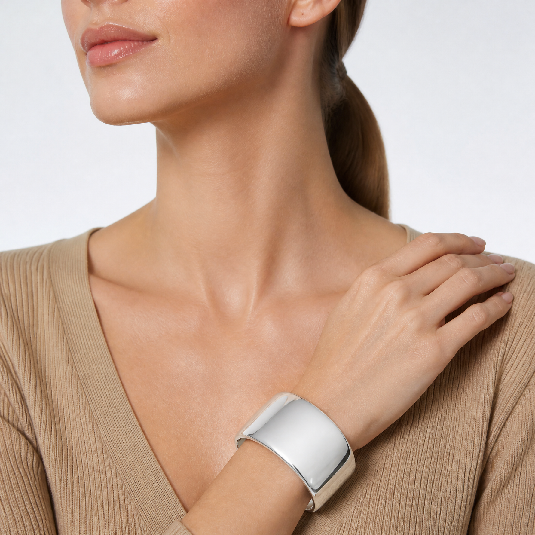 Sterling Silver Polished 40mm Domed Cuff Bangle - Model Shot