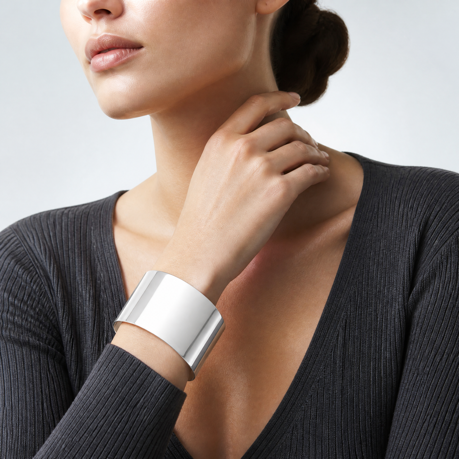 Sterling Silver Polished 40mm Flat Cuff Bangle - Model Shot