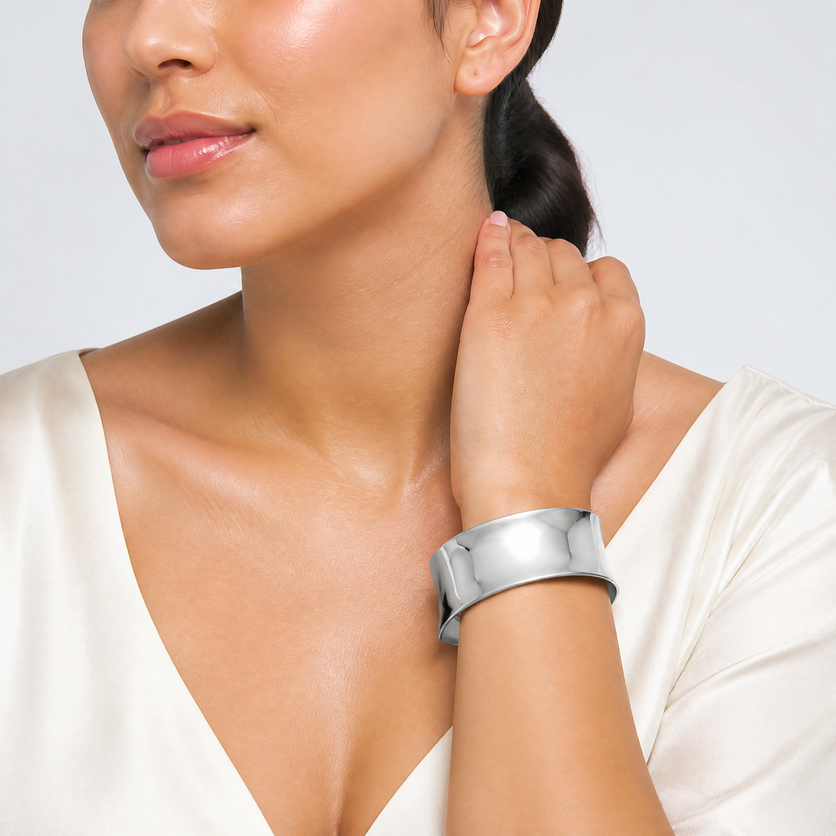 Sterling Silver Polished 25mm Concave Cuff Bangle - Model Shot