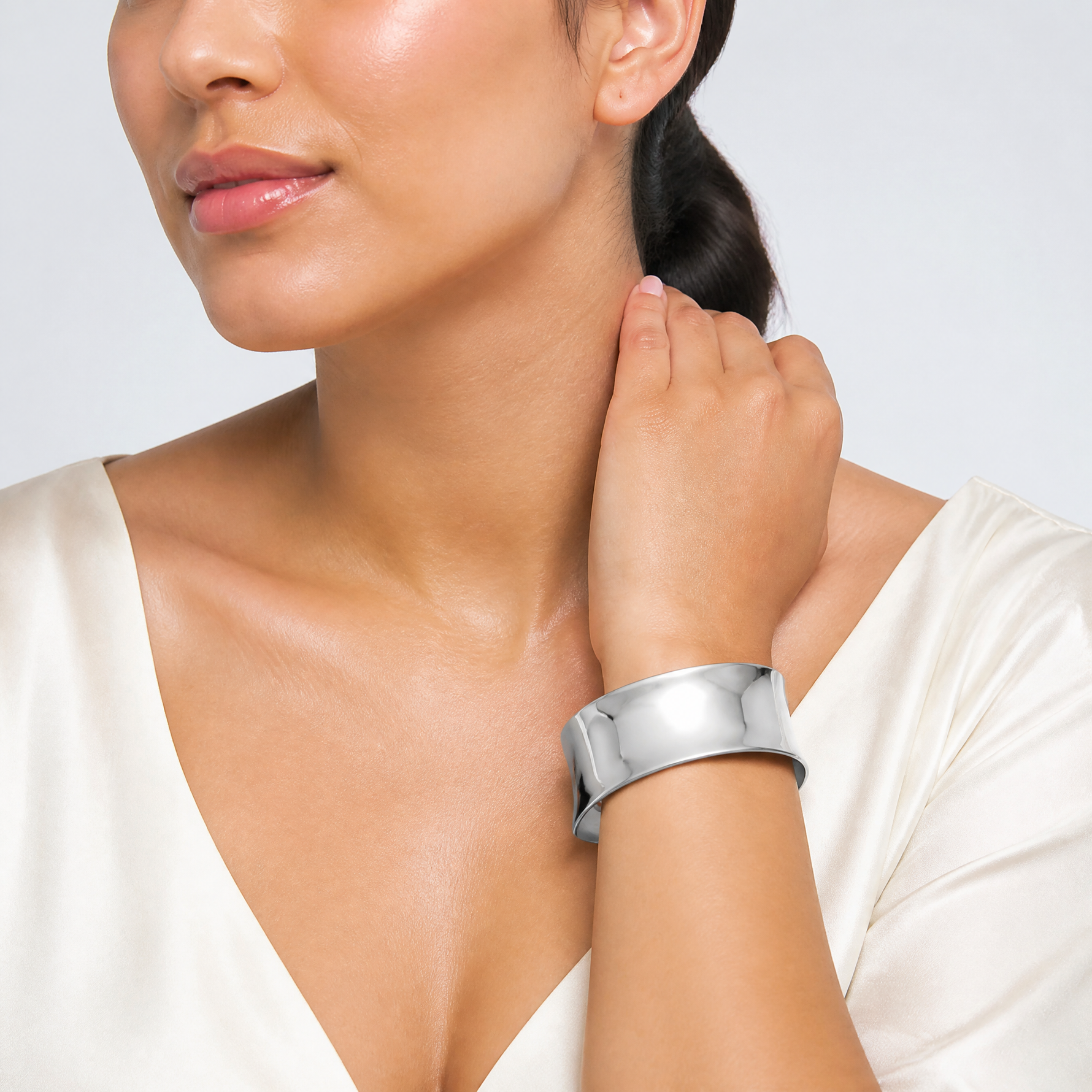 Sterling Silver Polished 25mm Concave Cuff Bangle - Model Shot